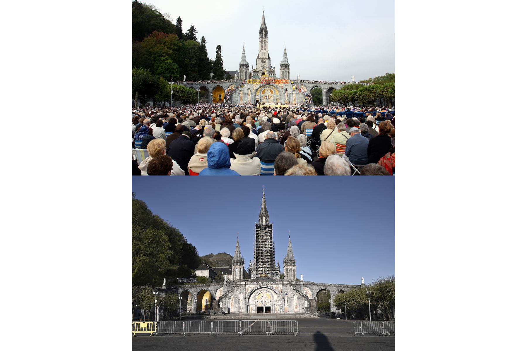 Al suroeste de Francia durante la peregrinación del Rosario  y la plaza vacía frente a la Basílica de Nuestra Señora del Rosario , ya que el sitio ha sido cerrado al público debido a un estricto cierre en Francia dirigido para frenar la propagación de la enfermedad del  coronavirus. 
Foto: AFP