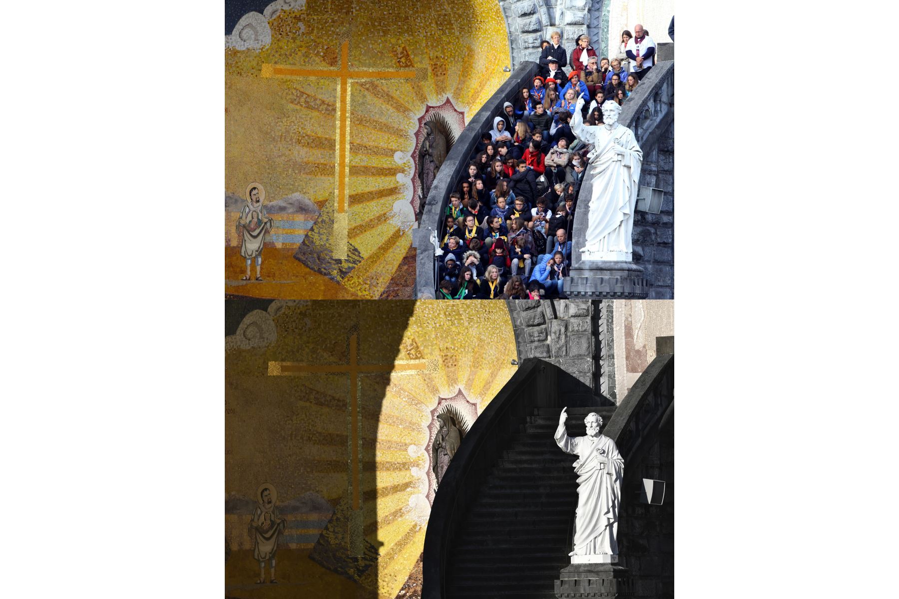 Esta combinación de imágenes  muestra a los peregrinos reunidos en la escalera de la Basílica de Nuestra Señora del Rosario  durante la peregrinación del Rosario y la escalera vacía de la Basílica de Nuestra Señora del Rosario, ya que el sitio ha sido cerrado al público debido a un estricto cierre en Francia.
Foto: AFP