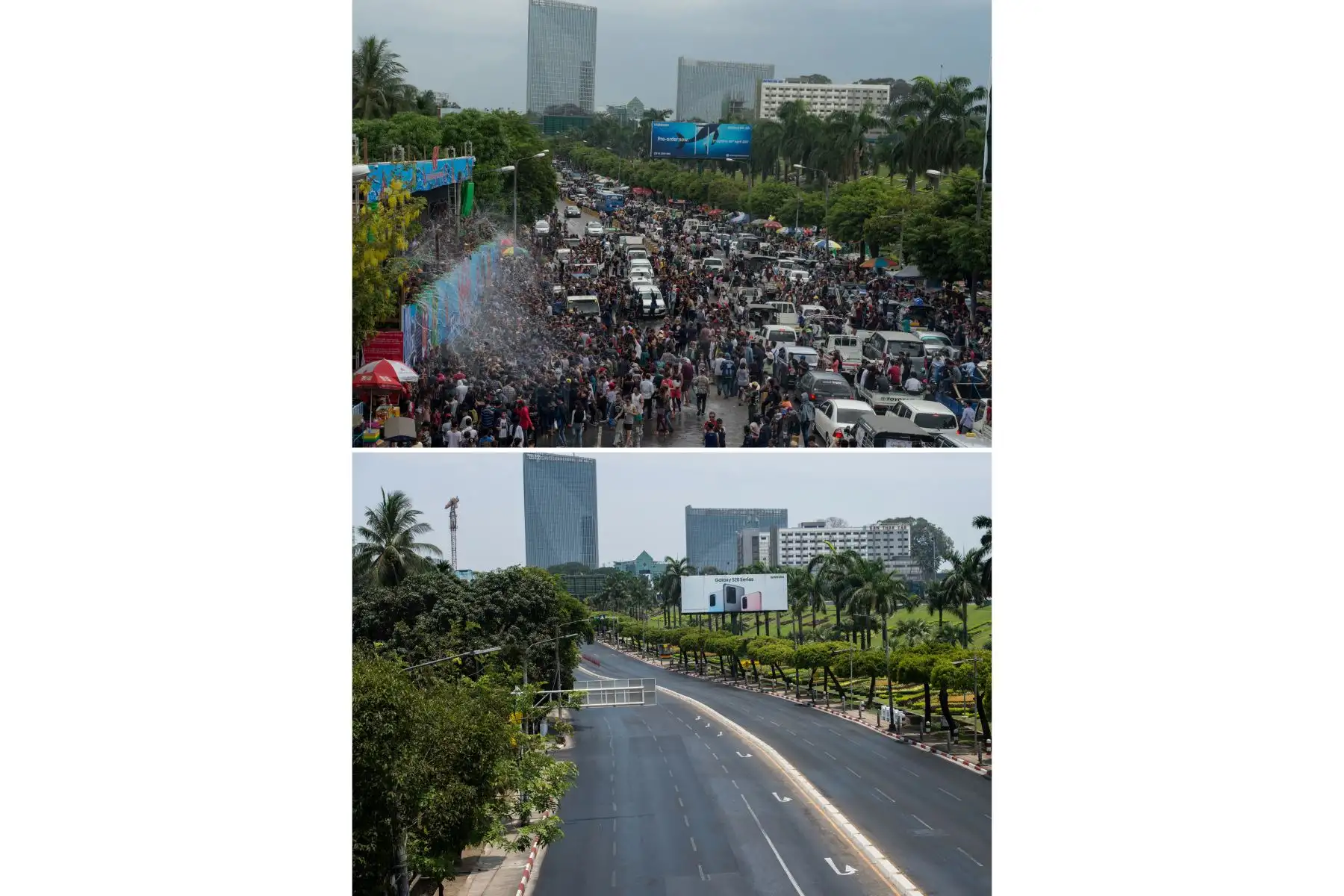 Esta foto combinada  muestra a los autos que se abren camino en una calle mientras los ciudadanos bailan con música durante las celebraciones que marcan el comienzo del Año Nuevo budista, o Thingyan como se le conoce localmente, en Yangon.
Foto: AFP