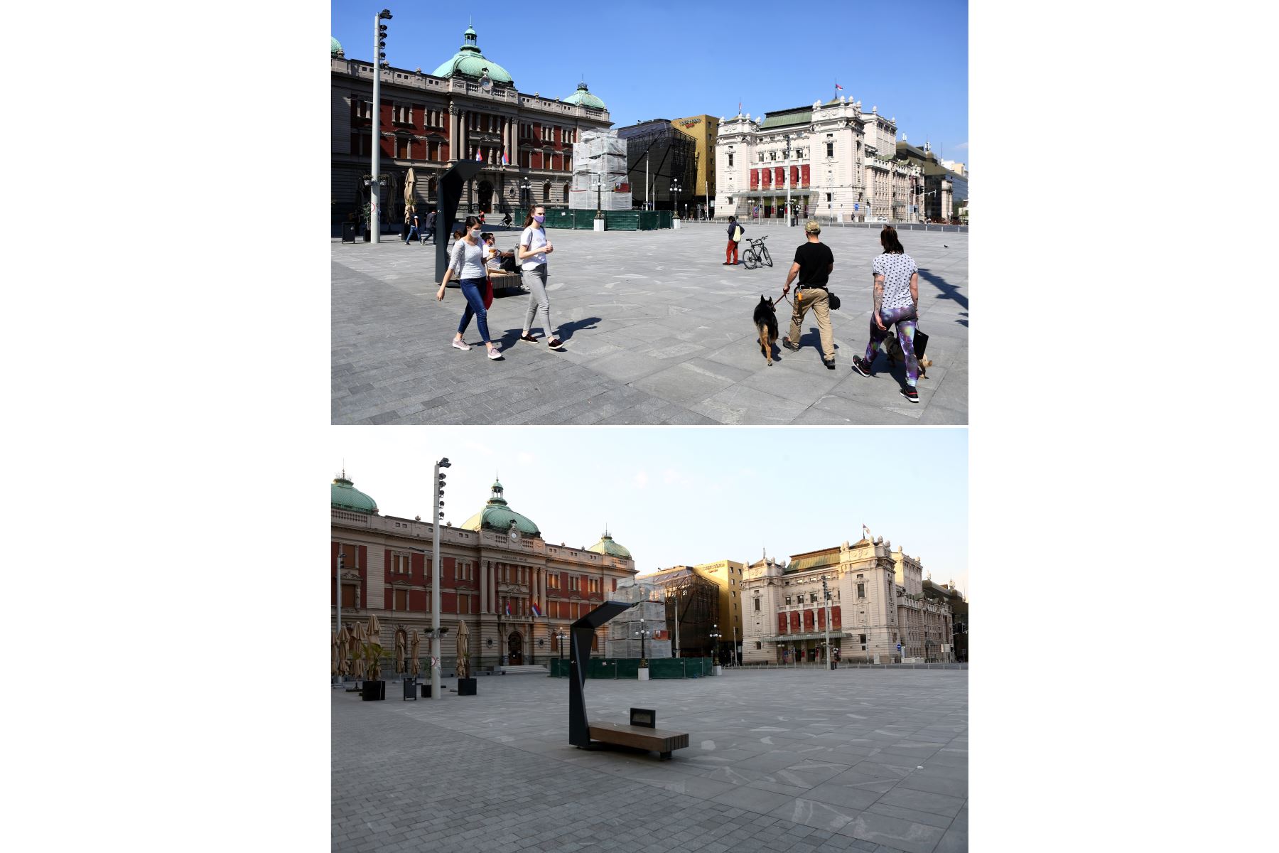 Una combinación de imágenes muestra a personas caminando en la plaza principal de Belgrado antes del toque de queda  y la misma plaza desierta durante el toque de queda introducido para  combatir la enfermedad covid -19.
Foto: AFP