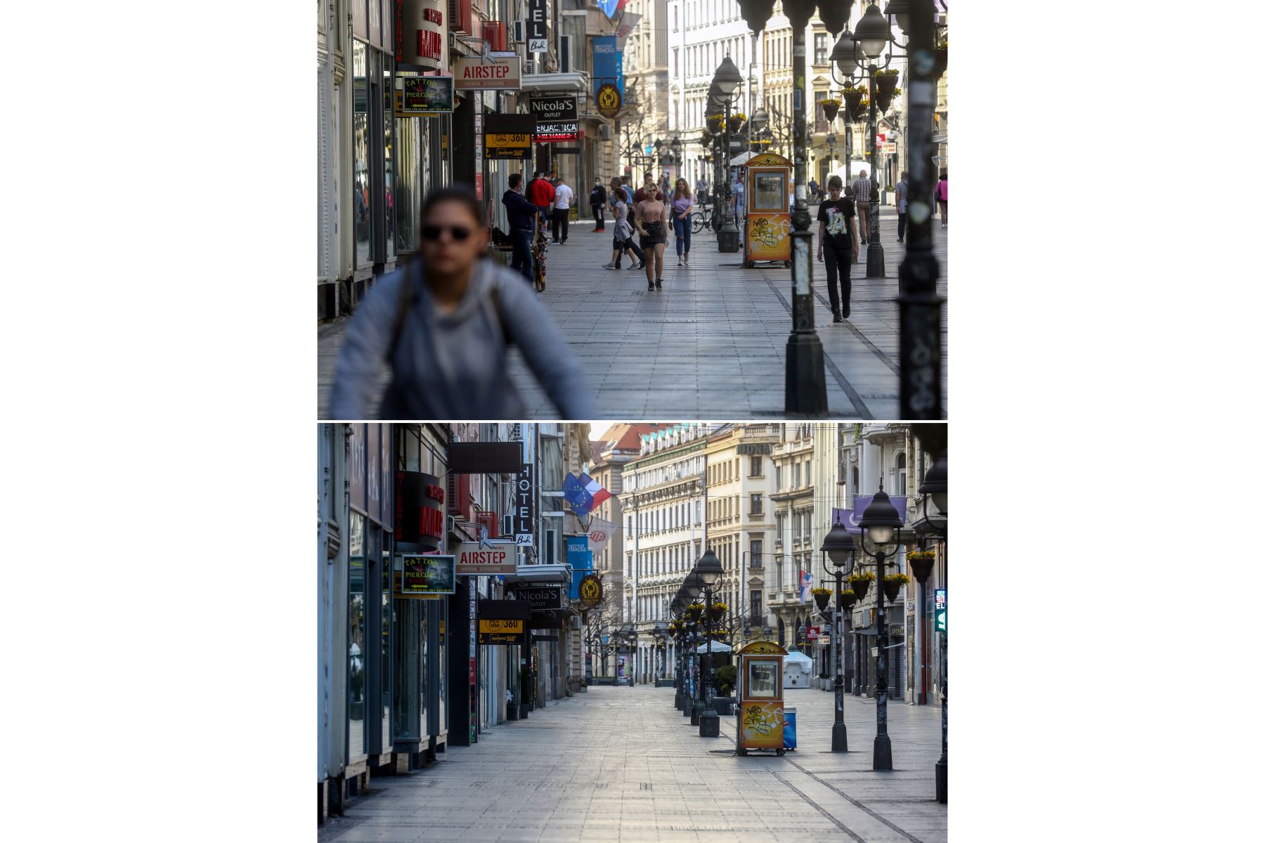 Una combinación de imágenes  muestra a personas caminando en la calle comercial principal de Belgrado antes del toque de queda  y la misma calle desierta durante el toque de queda introducido por las autoridades  por el nuevo coronavirus. 
Foto: AFP