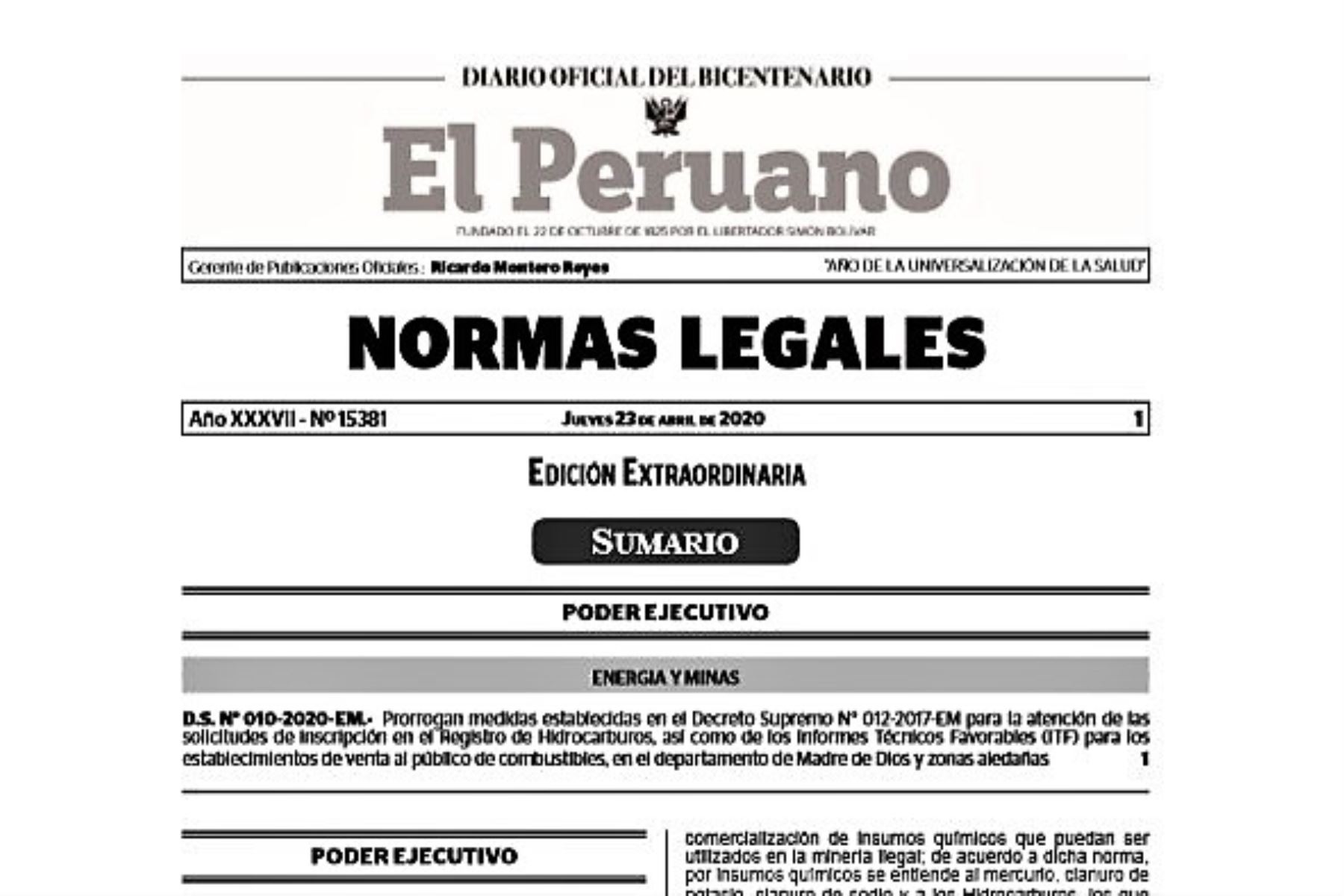Edición extraordinaria del Diario Oficial El Peruano correspondiente al 23 de abril de 2020.