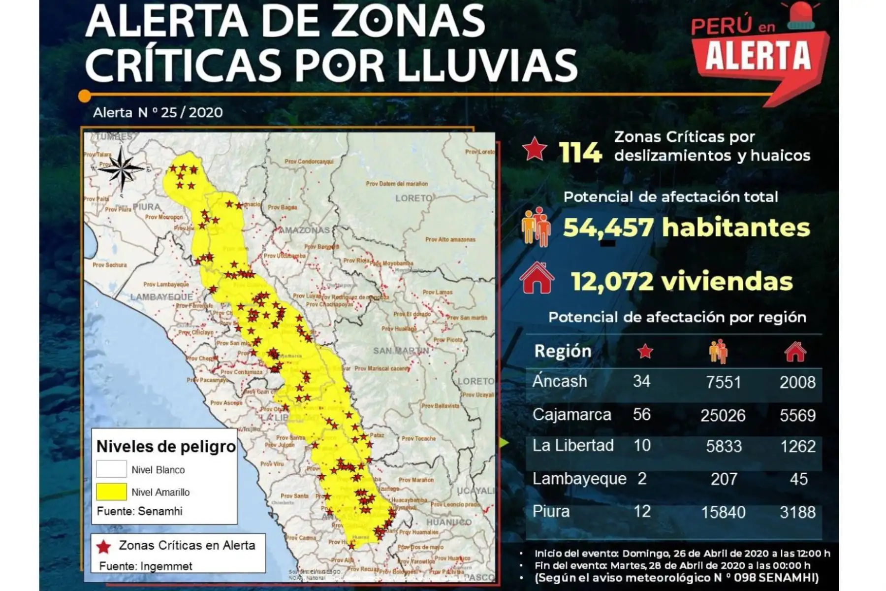 Las 133 zonas críticas en alerta por lluvias identificadas por el Ingemmet están ubicadas en 12 regiones. Foto: ANDINA/Difusión