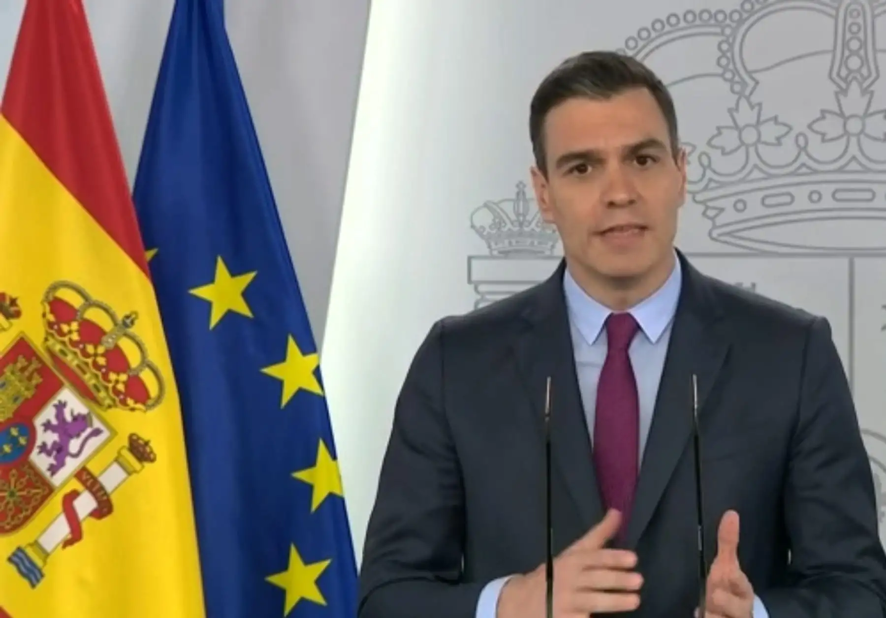 Captura de la señal institucional de Moncloa del presidente del gobierno, Pedro Sánchez, durante la rueda de prensa telemática ofrecida este martes, cuadragésimo quinto día del estado de alarma por el coronavirus. Foto: EFE