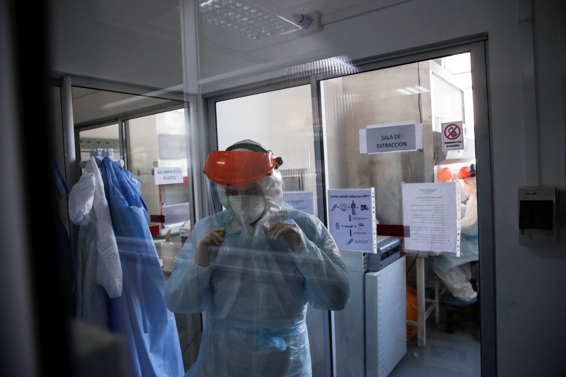 Trabajadores del Instituto de Ciencias Biomédicas (ICBM) de la Facultad de Medicina de la Universidad de Chile trabajan en el procesado de test de covid-19 en el laboratorio de la institución en Santiago (Chile). Foto: EFE