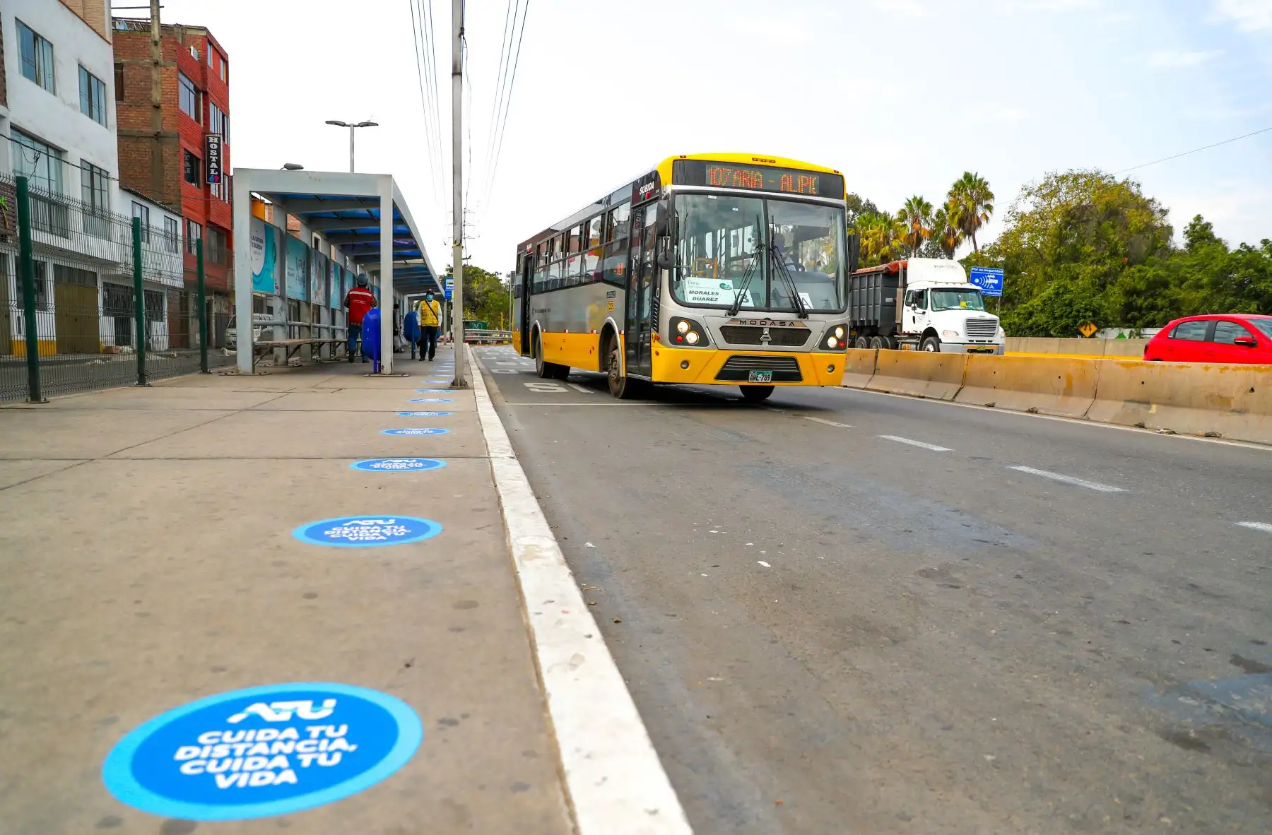 ATU realiza colocación de stickers de distanciamiento social en paraderos de transporte público. Foto: ANDINA/Difusión