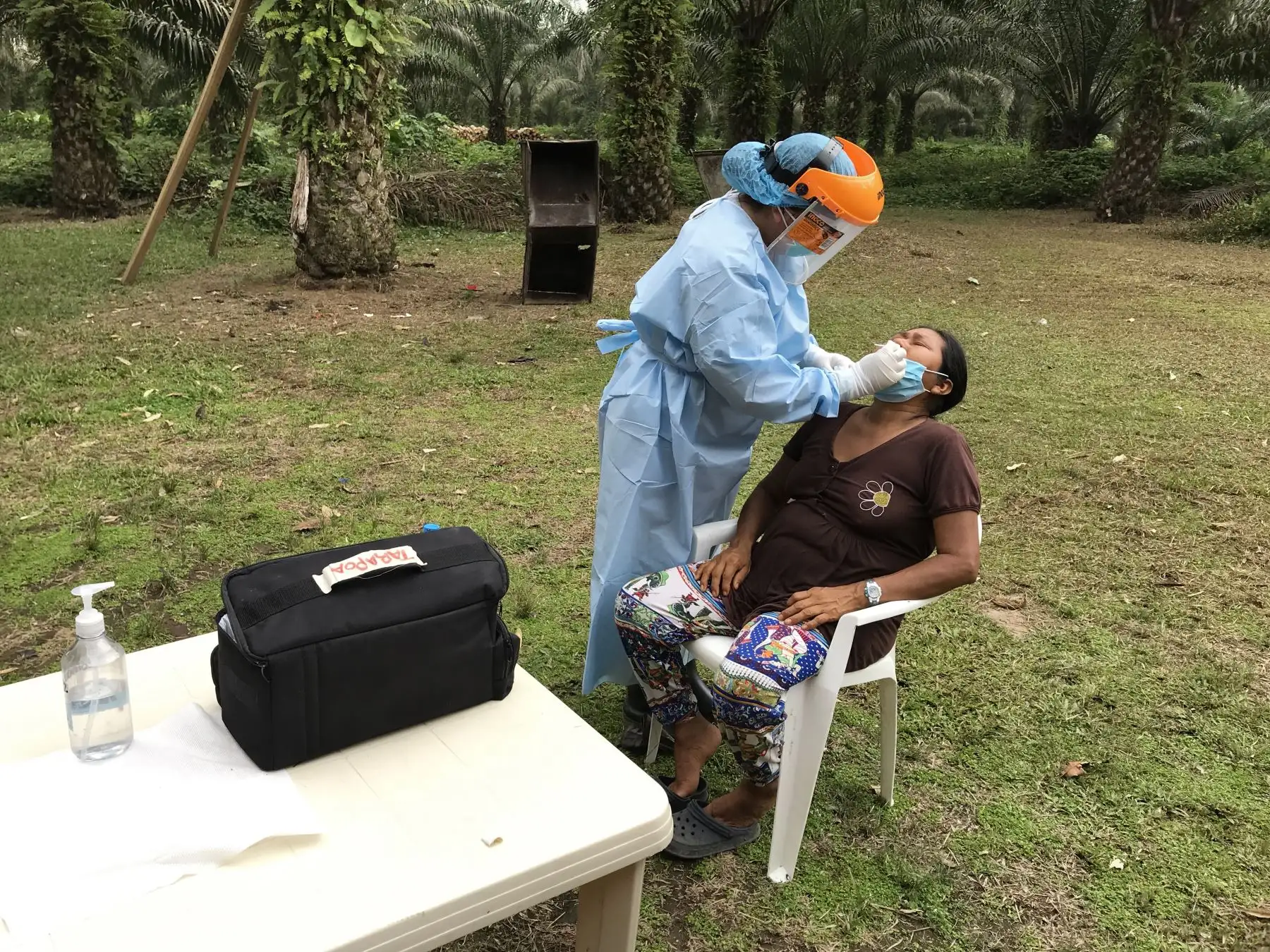 Personal del Ministerio de Salud de Ecuador hace una prueba rápida a una mujer de la nación indígena Siekopai. Foto: AFP