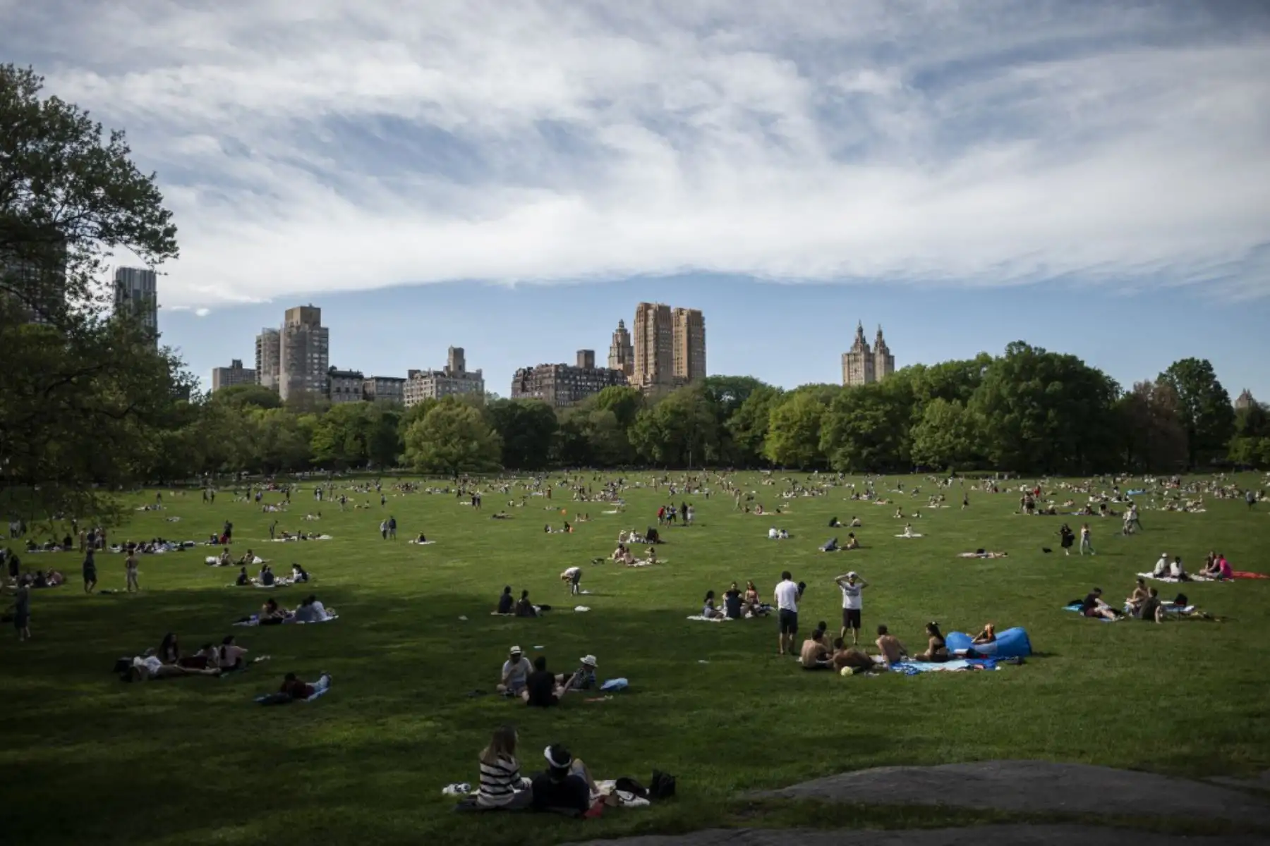 La gente se sienta en el césped en Central Park en la ciudad de Nueva York, en medio de la pandemia de coronavirus. Foto: AFP
