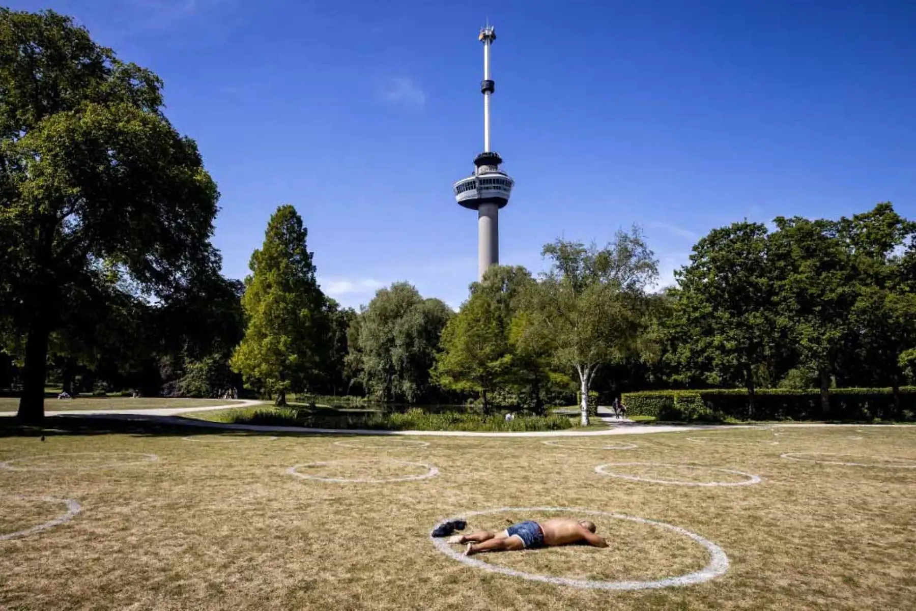 Un hombre toma el sol en el césped en uno de los muchos círculos blancos pintados a 1,5 metros de distancia por el municipio en el parque Kralingse Bos, para garantizar el distanciamiento social entre las personas que desean sentarse o tumbarse en el suelo en Rotterdam.
Foto: AFP
