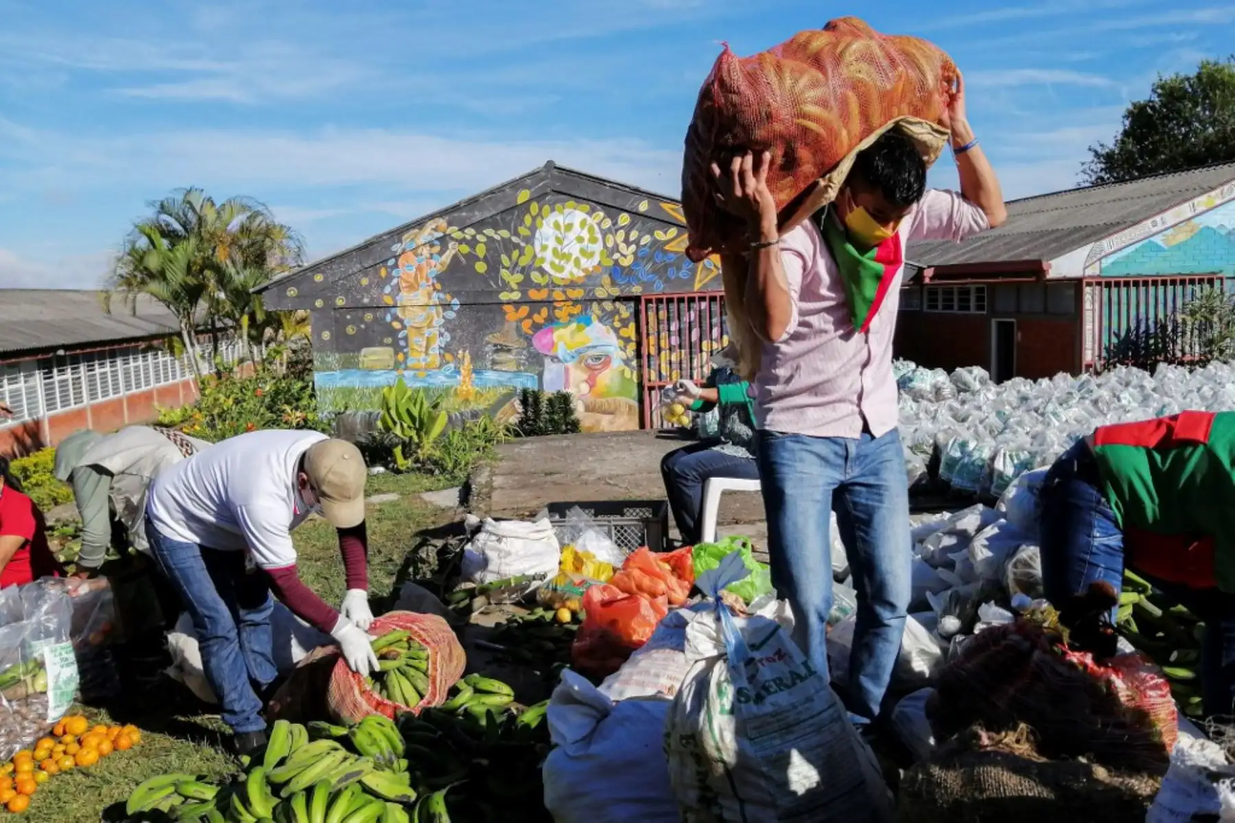 Un hombre carga alimentos recolectados de sus cultivos, para ser entregados entre familias vulnerables en Popayán, en Colombia. Foto: AFP