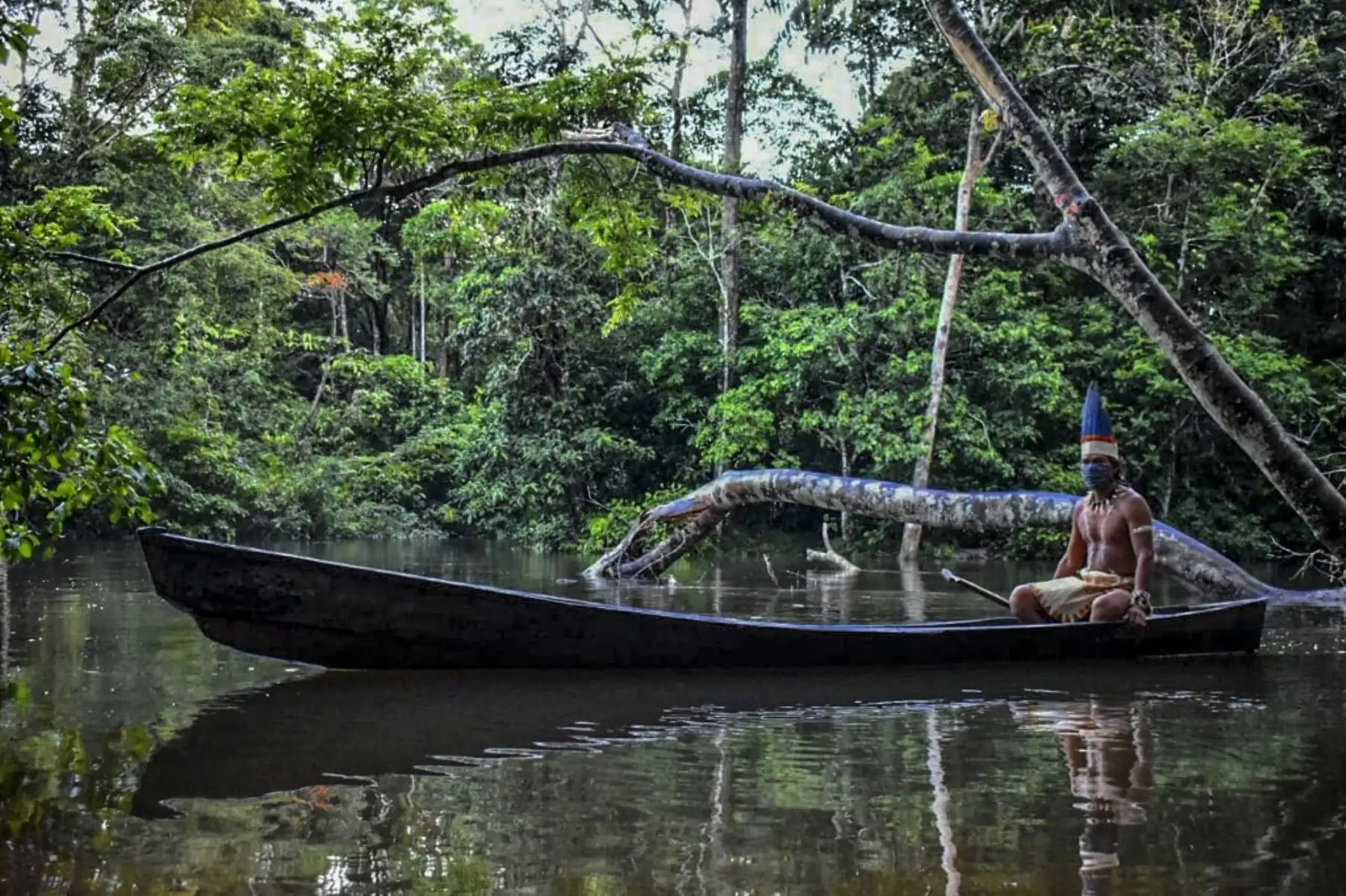Un hombre indígena huitoto navega en una balsa a lo largo del río Takana en Leticia, departamento de Amazonas, Colombia. Foto: AFP