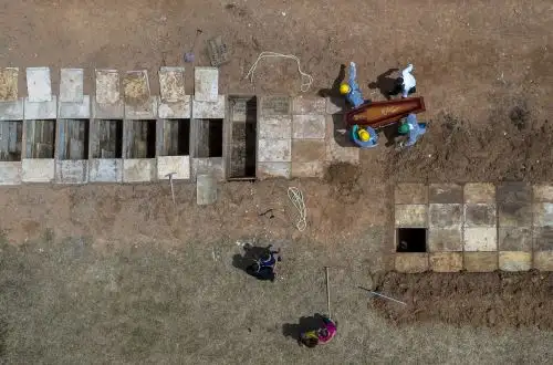La foto muestra una vista aérea de un entierro en el cementerio Bom Jardim, el cementerio público más grande de Fortaleza, estado de Ceará, Brasil. Foto: AFP