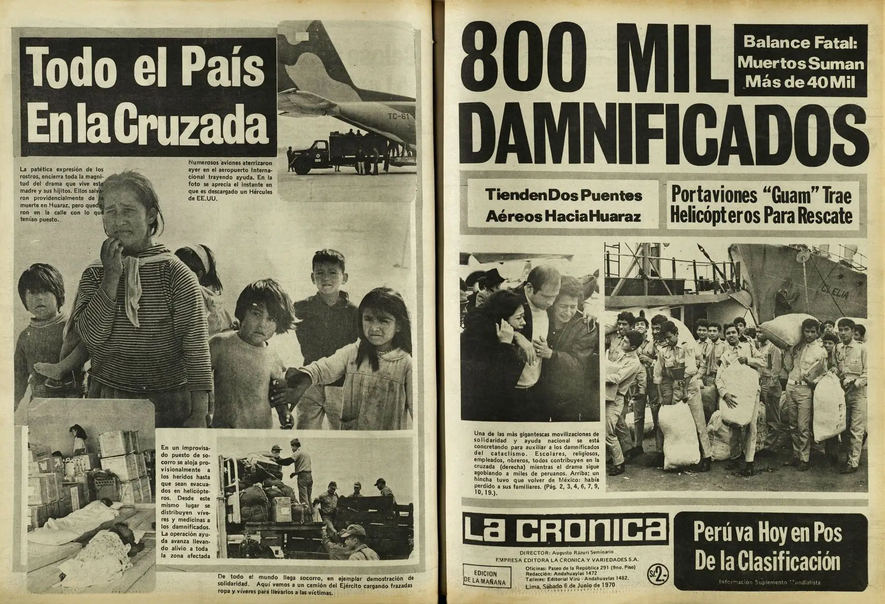 Diario La Crónica del 6 de junio de 1970 con amplia cobertura sobre la cruzada nacional por las víctimas del terremoto que devastó Yungay y otras ciudades del norte del país. Archivo Histórico de El Peruano
