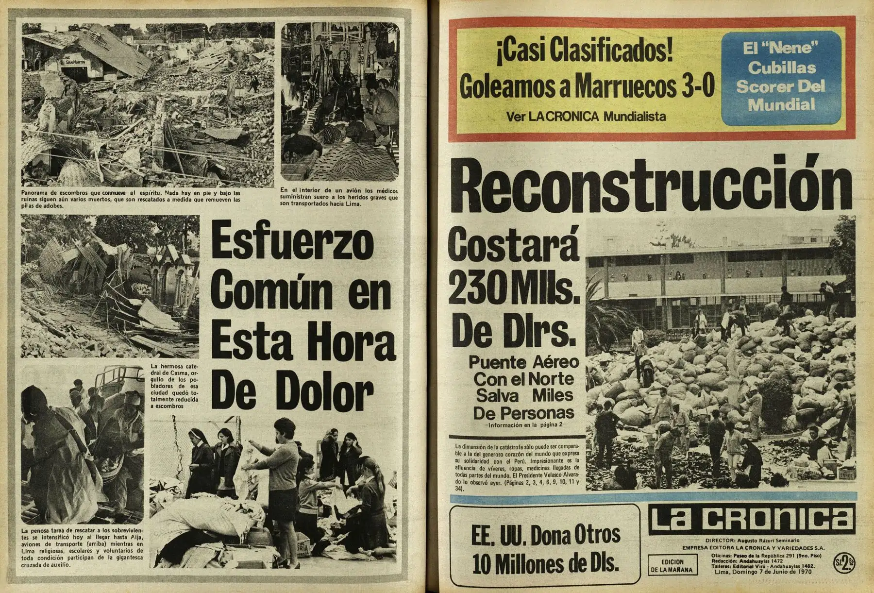 Diario La Crónica del 6 de junio de 1970 con amplia cobertura sobre la cruzada nacional por las víctimas del terremoto que devastó Yungay y otras ciudades del norte del país. Archivo Histórico de El Peruano