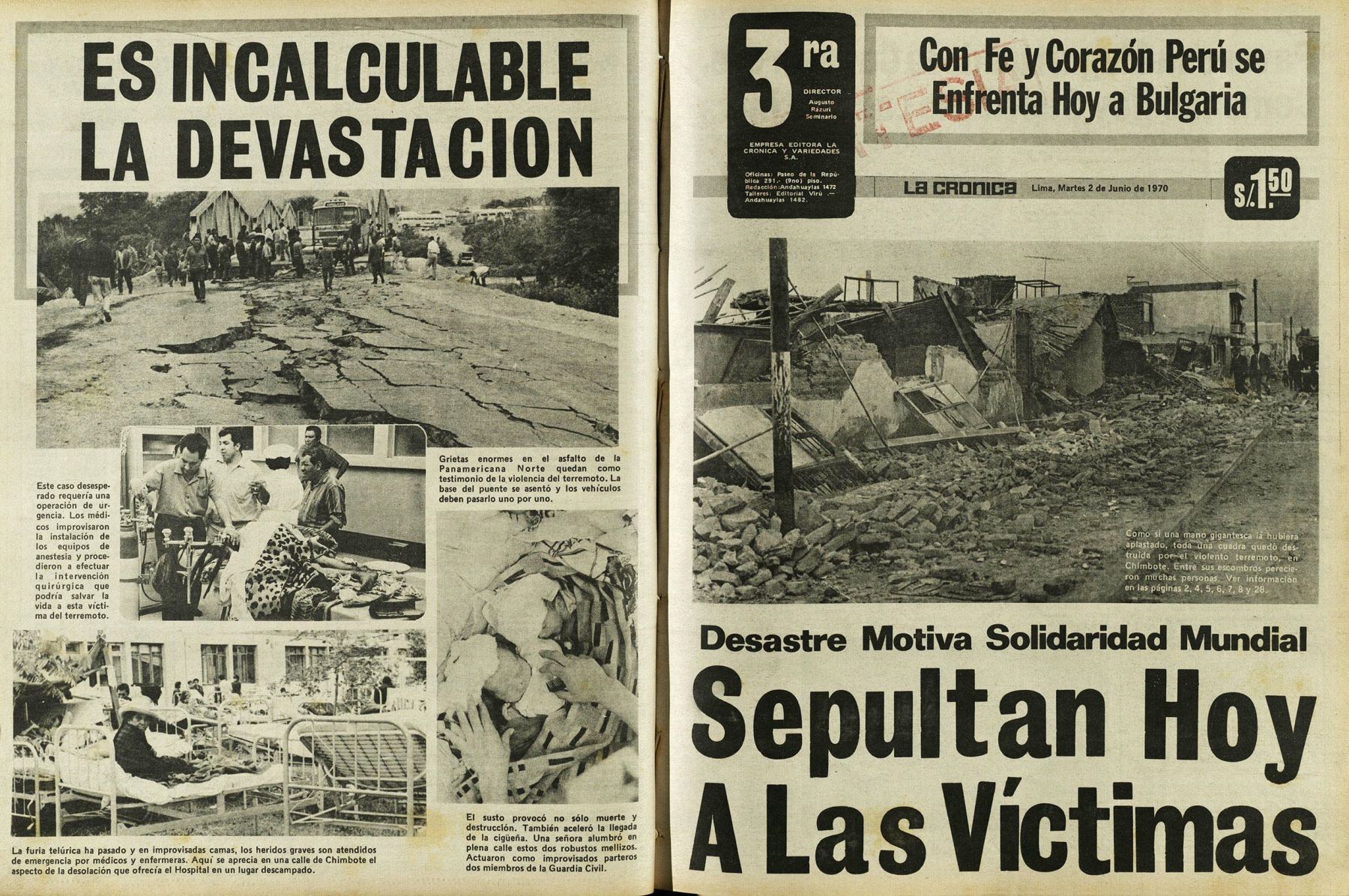 Diario La Tercera del 2 de junio de 1970 con las primeras imágenes de la devastación causada por el terremoto de Yungay del 31 de mayo. Archivo Histórico de El Peruano