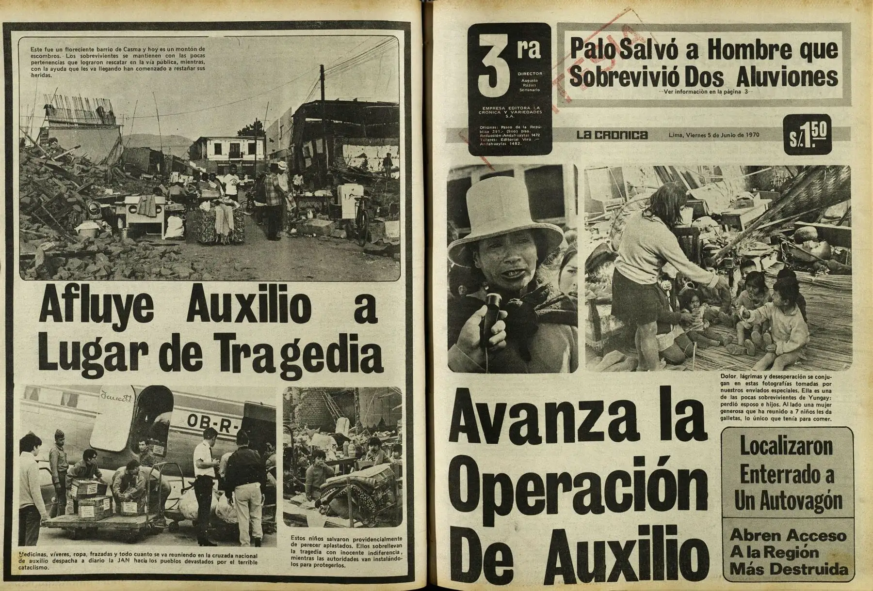 Diario La Tercera del 5 de junio de 1970 con  noticias sobre la ayuda y asistencia a las víctimas del terremoto de Yungay. Archivo Histórico de El Peruano
