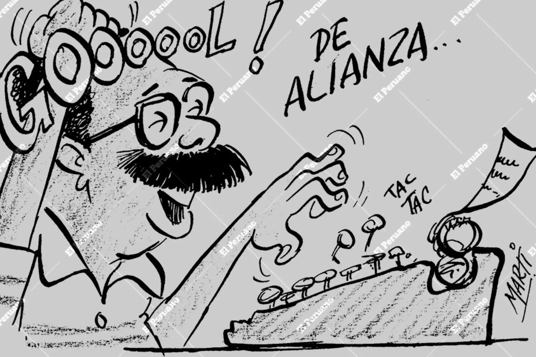Lima - Década 1970 / Dibujo del decimista Nicomedes Santa Cruz que representa su labor periodística en el diario La Crónica y su simpatía por Alianza Lima. Archivo Histórtico de El Peruano / Marti.