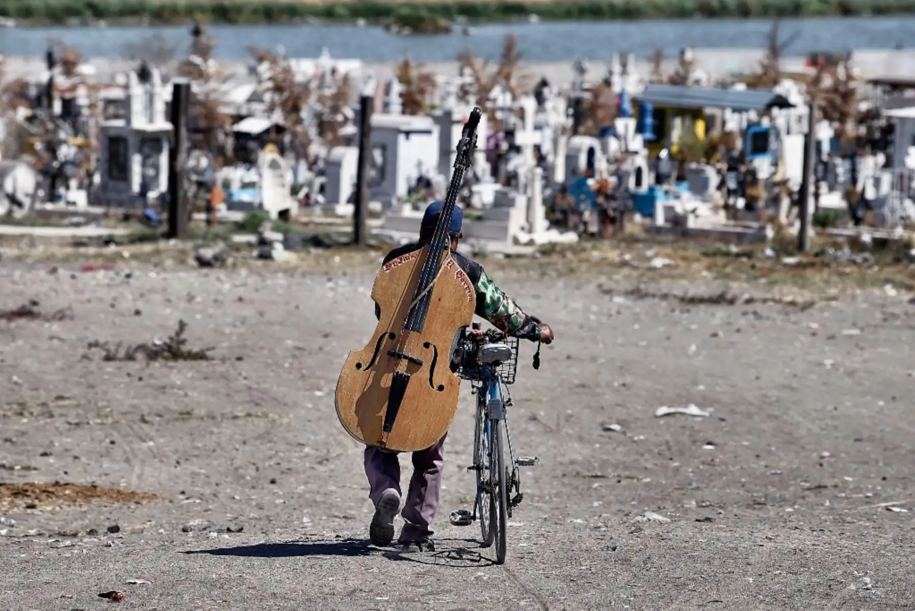 Un músico se va después de tocar en un entierro en el Panteón Municipal del Valle de Chalco, Estado de México. Foto: AFP