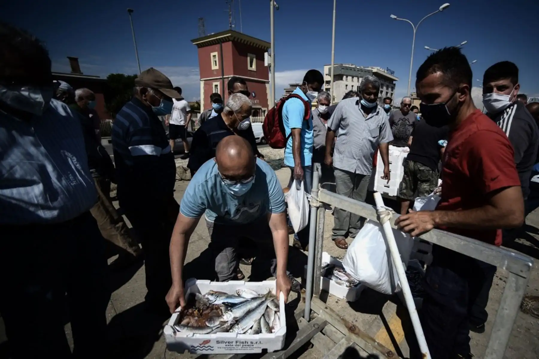 La gente se reúne para comprar pescado directamente de un barco de pescadores, ya que la captura se descarga en el puerto de Fiumicino, al oeste de Roma. Foto: AFP