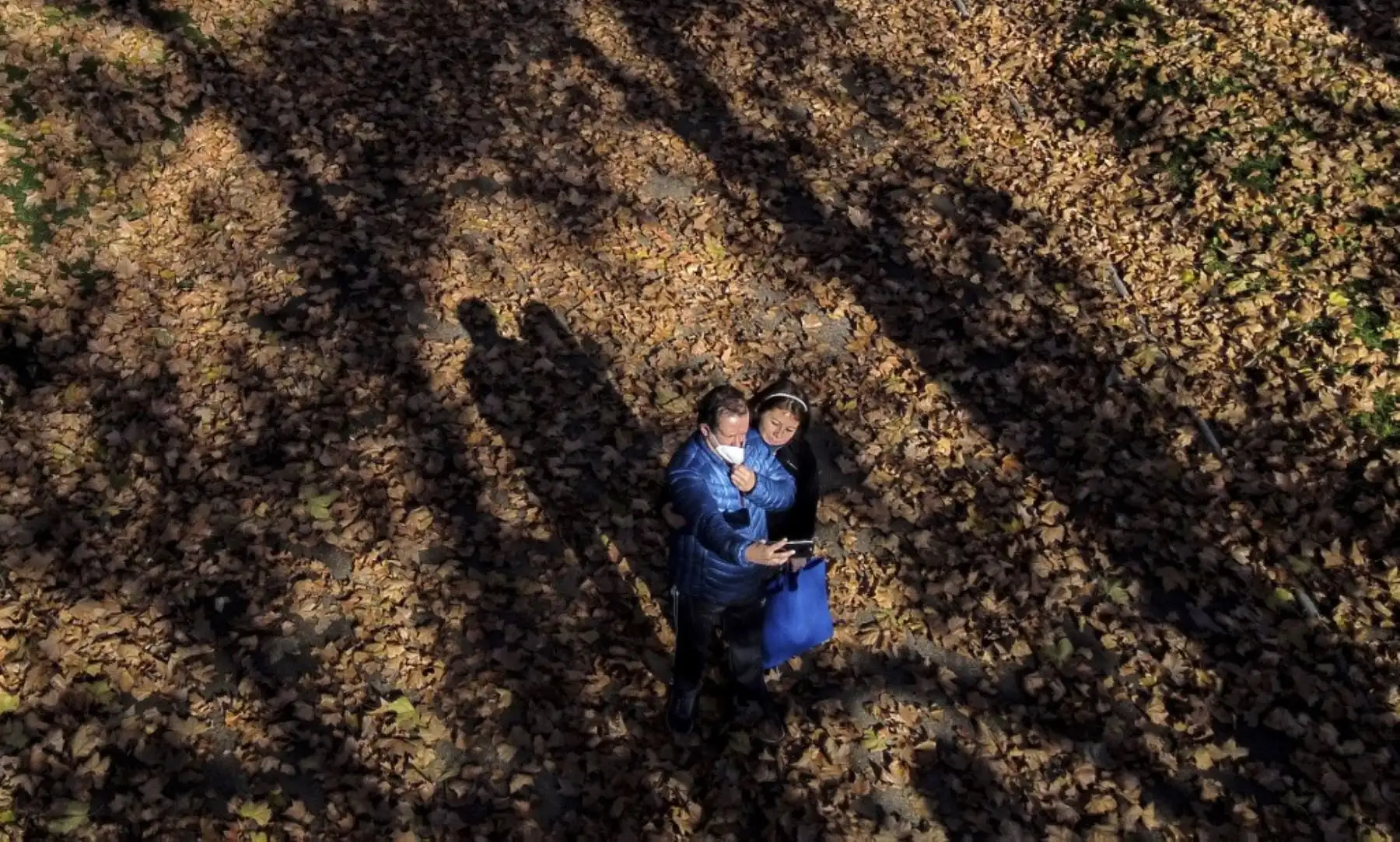 Una pareja se hace una selfie en medio de las hojas caídas en Santiago. Foto: AFP
