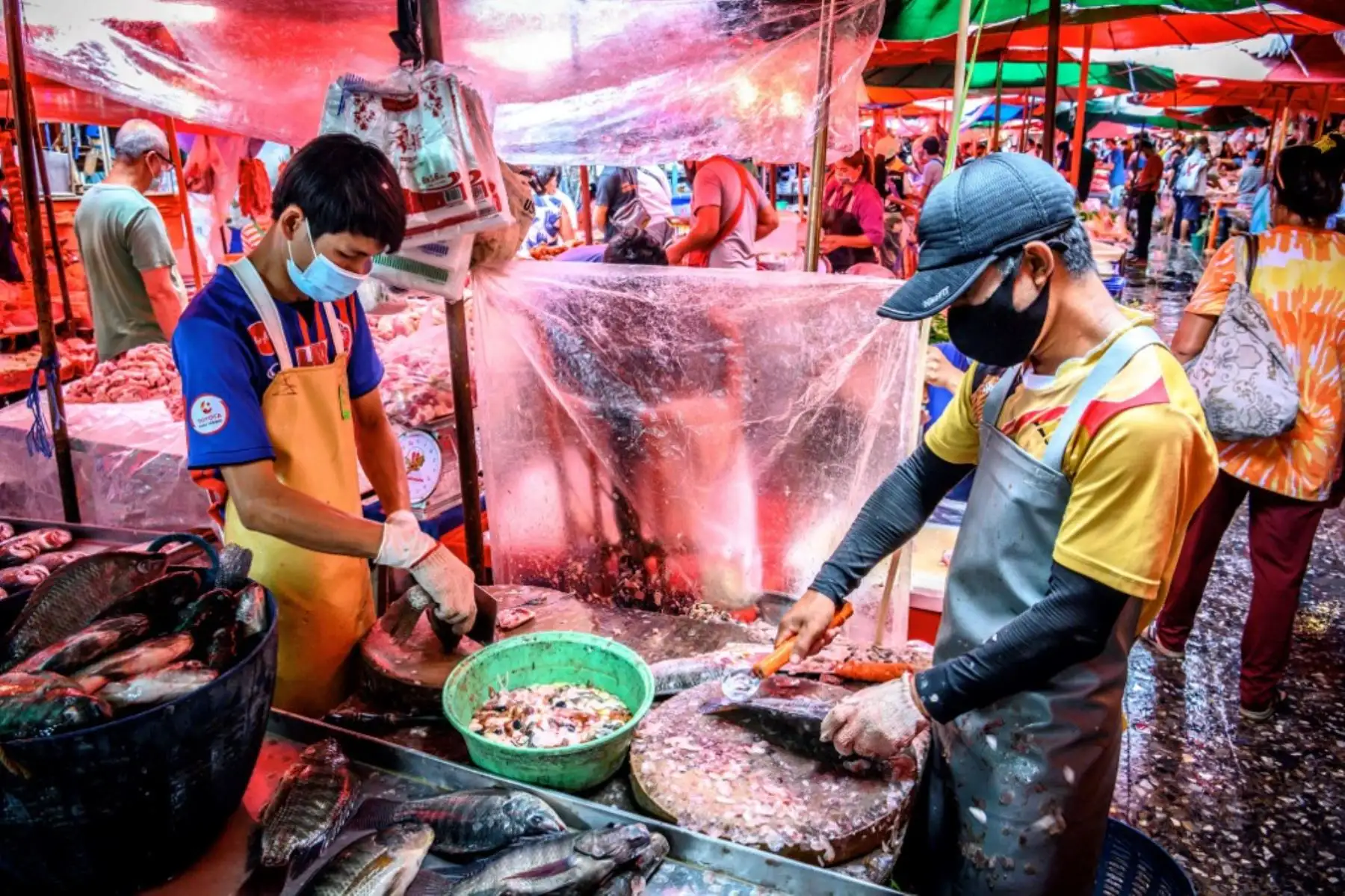 Dos vendedores limpian pescado en el mercado Khlong Toei en Bangkok. Foto: AFP