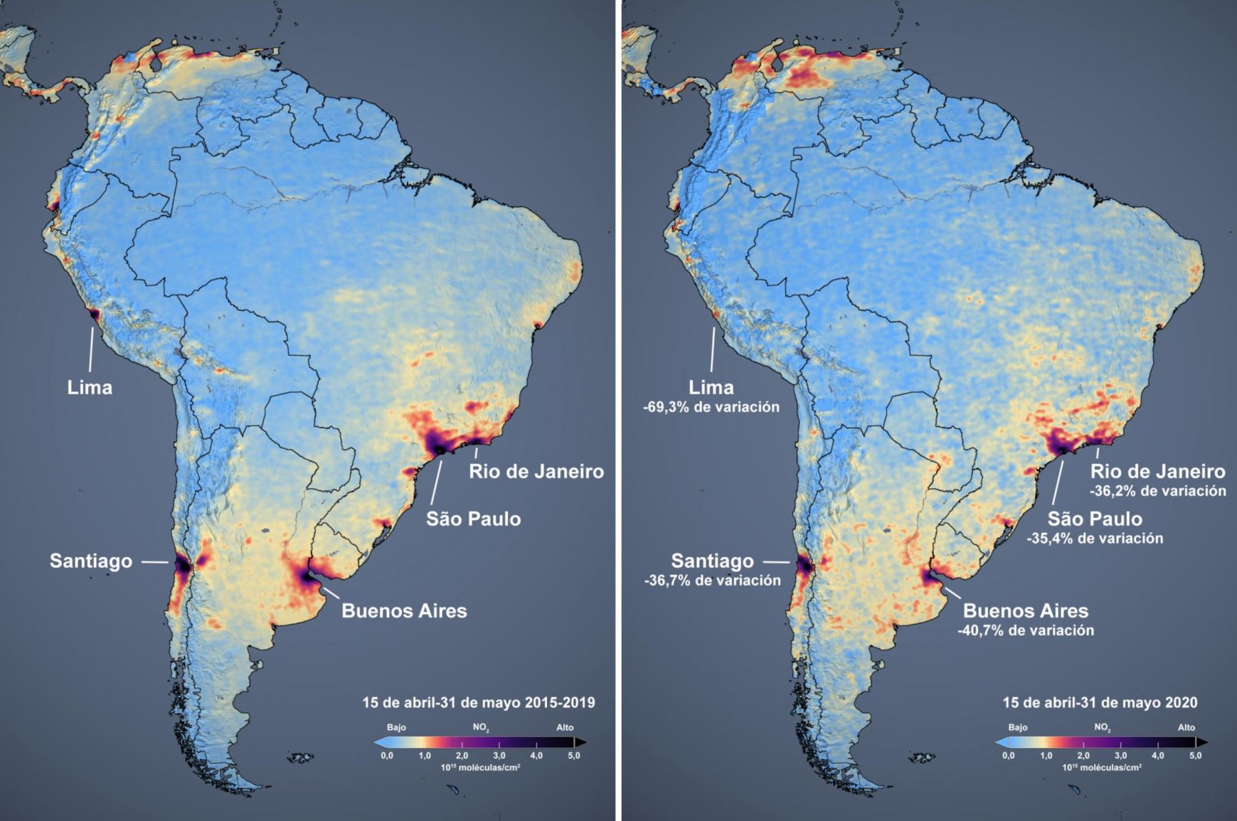 La NASA  publicó imágenes satelitales muestran una disminución notable de la contaminación del aire en Lima durante la cuarentena