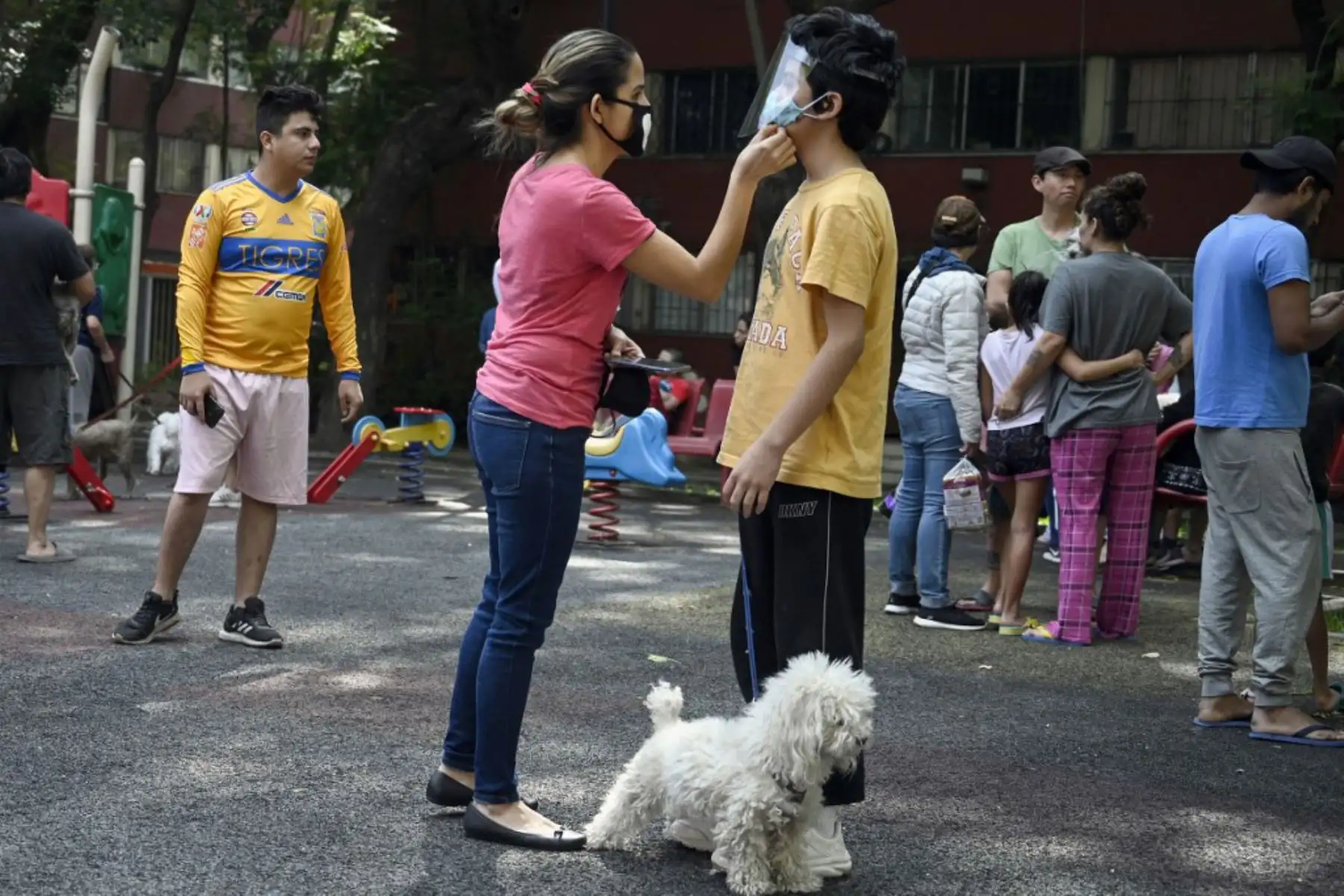 Las personas permanecen fuera de los edificios en la Ciudad de México durante un terremoto  en medio de la nueva pandemia de coronavirus covid -19.
Foto: AFP