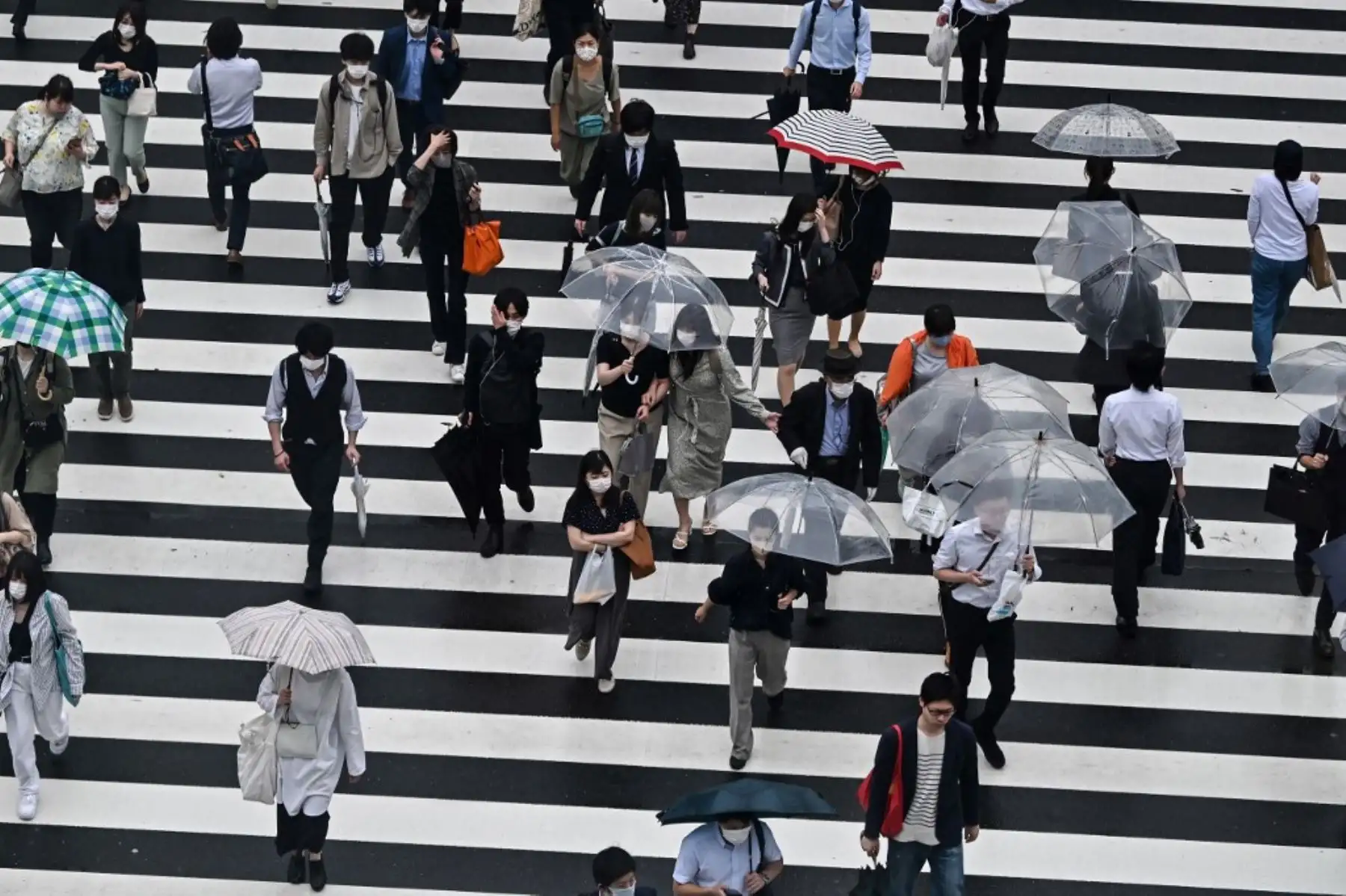 Los peatones caminan en un paso de cebra durante una mañana lluviosa frente a la estación de Shinjuku en Tokio. Foto :AFP