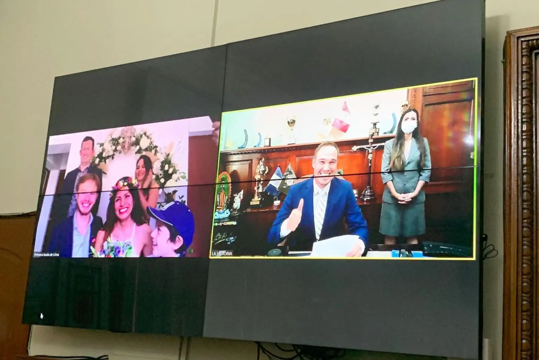 La Municipalidad de La Victoria se convirtió en el primer distrito del Perú en realizar el primer matrimonio civil virtual, y fue celebrado a distancia por el alcalde George Forsyth a través de video conferencia con los contrayentes y testigos de acuerdo a Ley.
Foto: Municipalidad de la Victoria