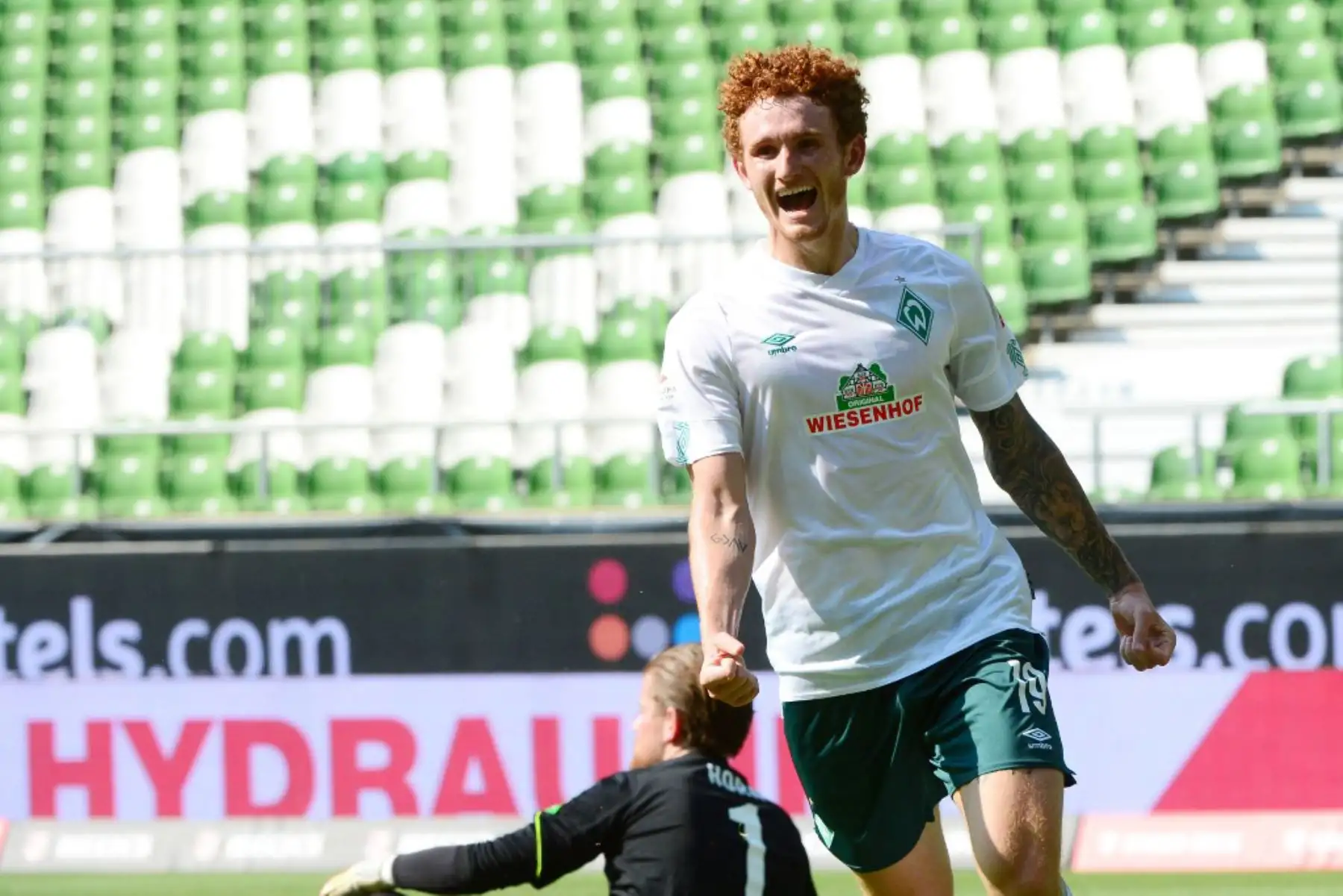 El estadounidense Joshua Sargent celebra el 6-1 durante el partido de fútbol de la Bundesliga entre Werder Bremen v FC Colonia. Foto: AFP