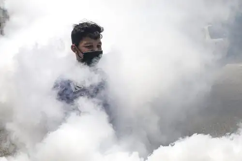 Un niño palestino con una mascarilla es visto a través de los vapores de un vehículo del municipio de Hebrón, localidad palestina situada en Cisjordania, que fumiga una calle, luego de un reciente aumento de casos de coronavirus. Foto: AFP