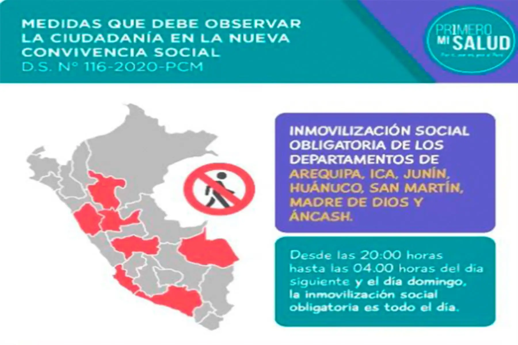 Desde mañana miércoles 1 de julio regirá la ampliación del estado de emergencia nacional hasta el 31 de julio, pero con una cuarentena focalizada en los departamentos de Áncash, Arequipa, Huánuco, Ica, Junín, Madre de Dios y San Martín.