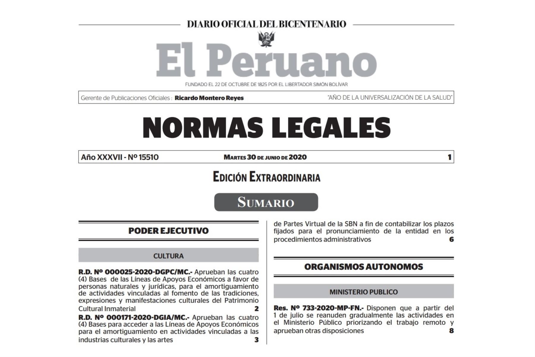 Normas Legales en edición extraordinaria del Diario Oficial El Peruano.