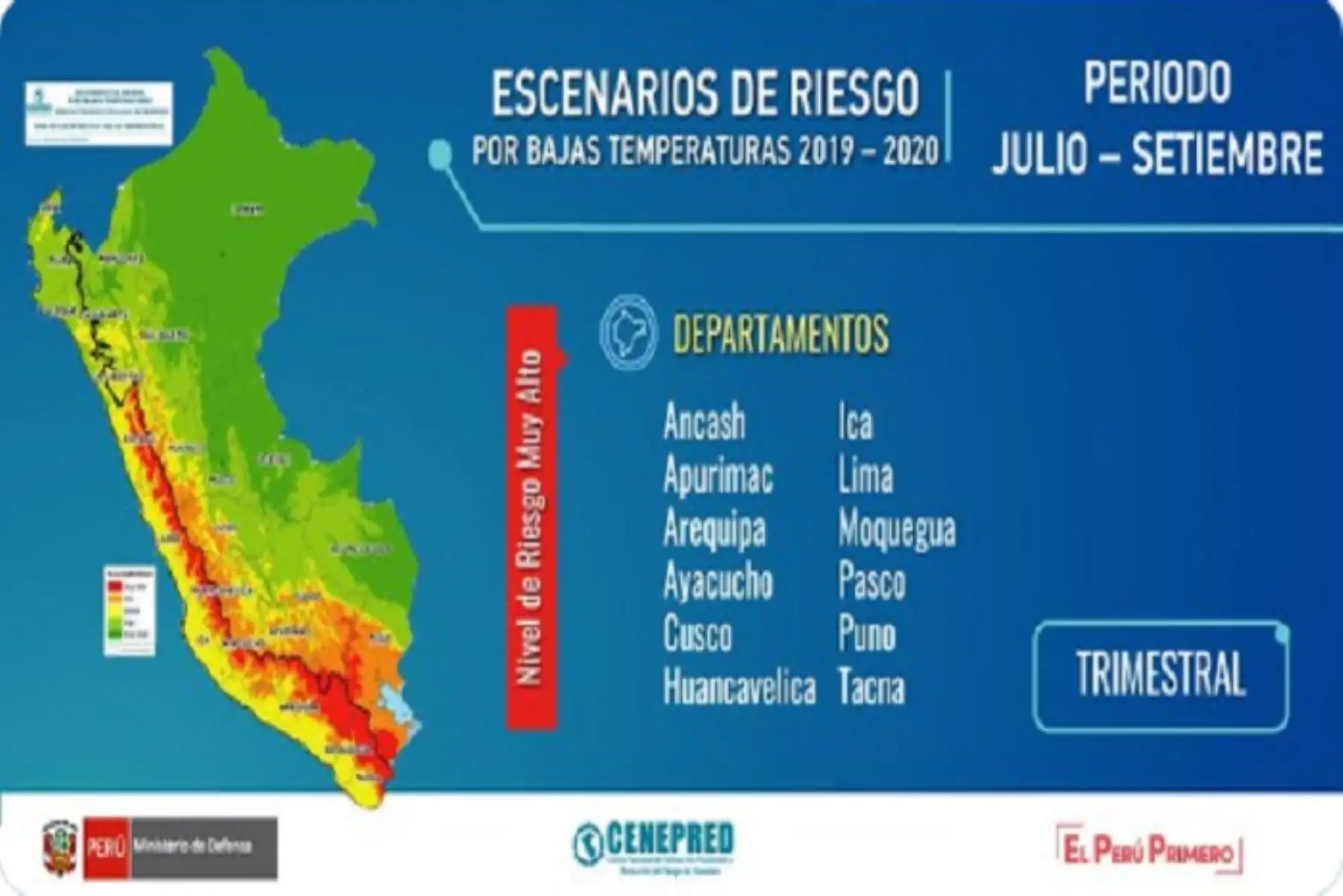 Los centros poblados con riesgo muy alto se encuentran ubicados en Arequipa, Puno, Huancavelica, Moquegua, Lima, Cusco, Tacna, Áncash, Ayacucho, Ica y Apurímac.