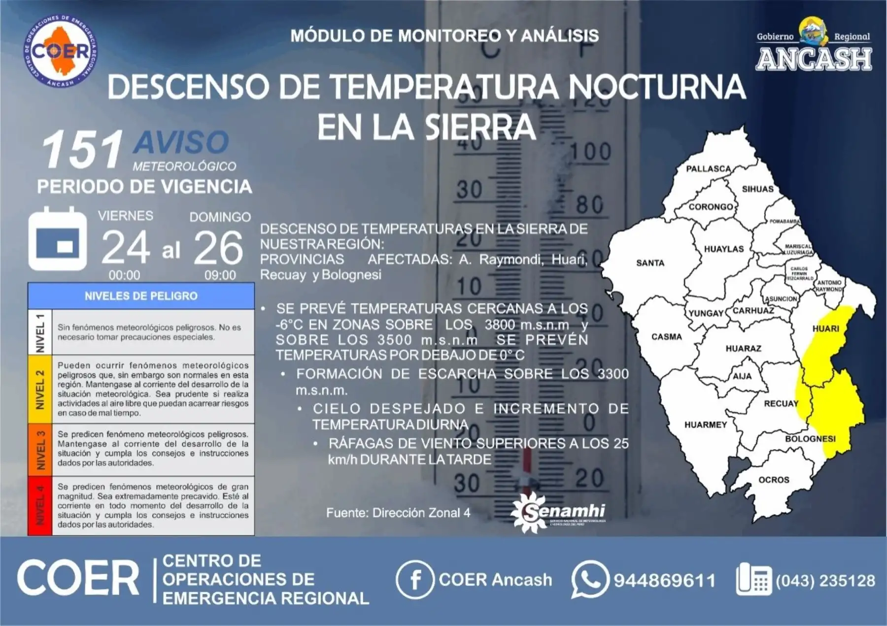 La temperatura mínima en la sierra de Áncash llegará a 6 grados bajo cero y afectará a diversas localidades, alerta el COER Áncash.
