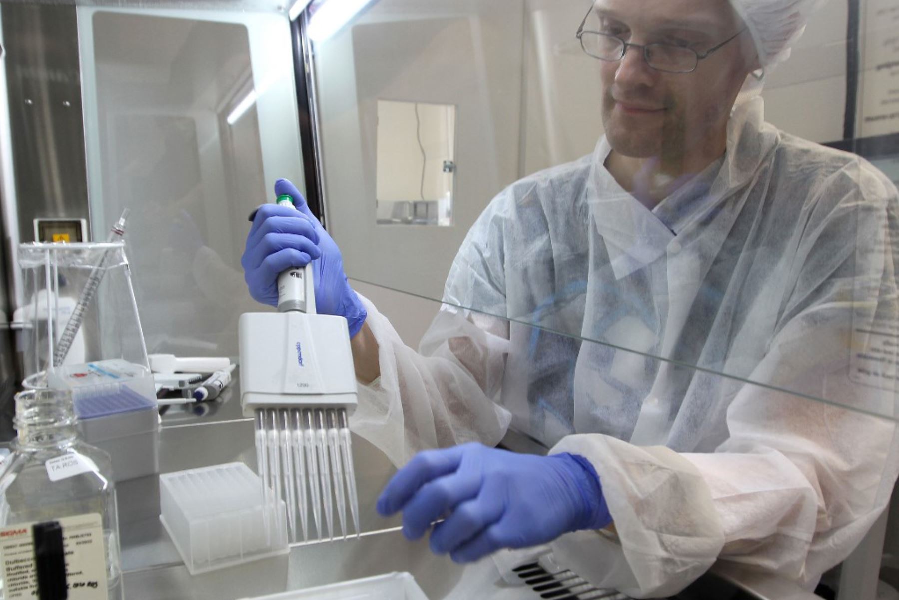 Un empleado de laboratorio trabaja en muestras en la empresa alemana de biotecnología Centogene, que abrió un centro de pruebas. Foto: AFP
