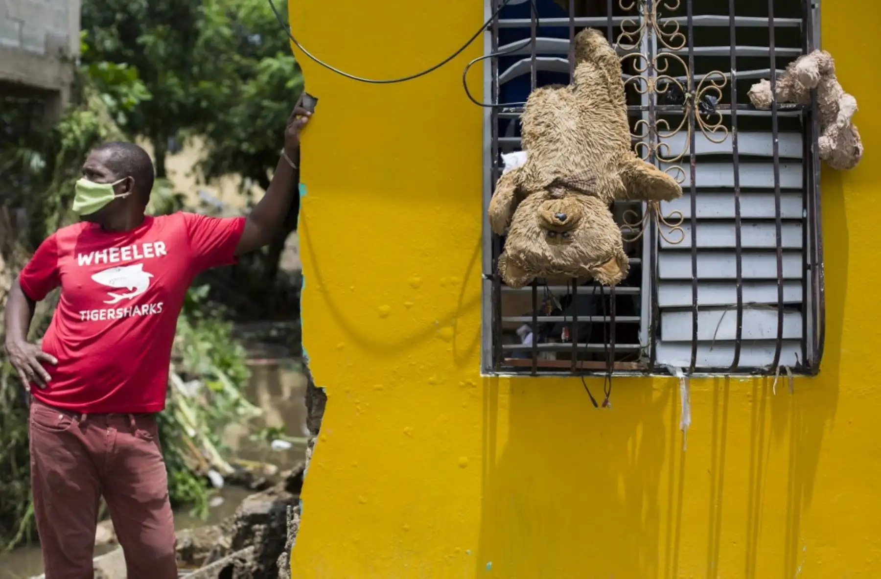 Un hombre permanece afuera de su casa, donde colgaron a los ositos de peluche desde una ventana para que se secasen después del paso de la tormenta tropical Isaias, con las que fuertes lluvias causaron el desbordamiento del río Magua en Hato Mayor, República Dominicana. Foto: AFP