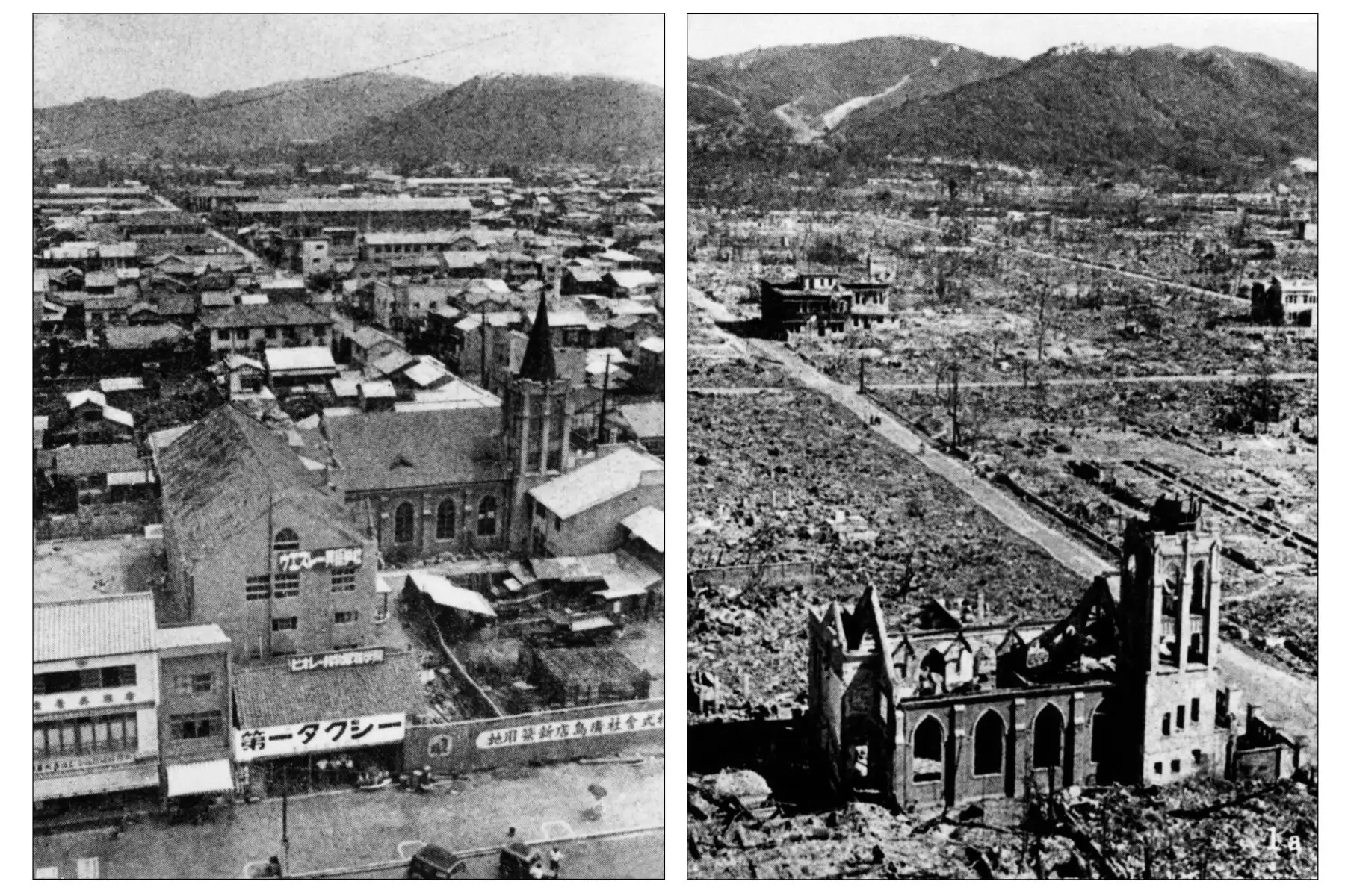 Archivos con fecha de 1945 de la devastada ciudad de Hiroshima antes y después de la caída de la primera bomba atómica por la Fuerza Aérea de los EE. UU. B-29, 06 de agosto de 1945. Alrededor de 140,000 personas, más de la mitad de la población de Hiroshima, falleció en el primer bombardeo atómico. Foto: AFP