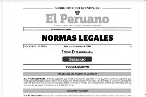 Publican en El Peruano el D.S. N° 139-2020-PCM.