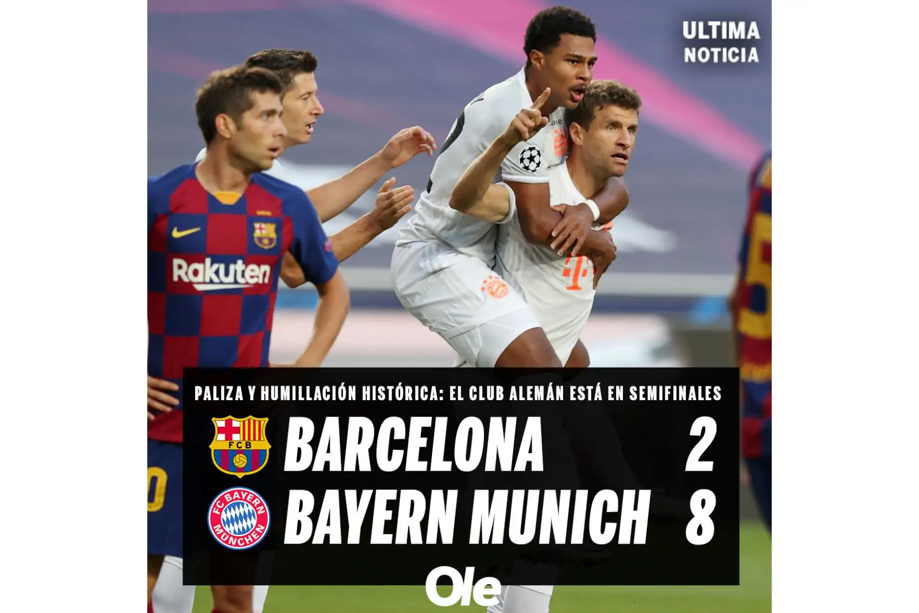 Portada del diario Olé  que informa sobre el triunfo histórico del Bayern Munich quien ganó 8 a 2 al Barcelona en el partido de cuartos de final de la UEFA Champions League.
Foto: ANDINA/Difusión