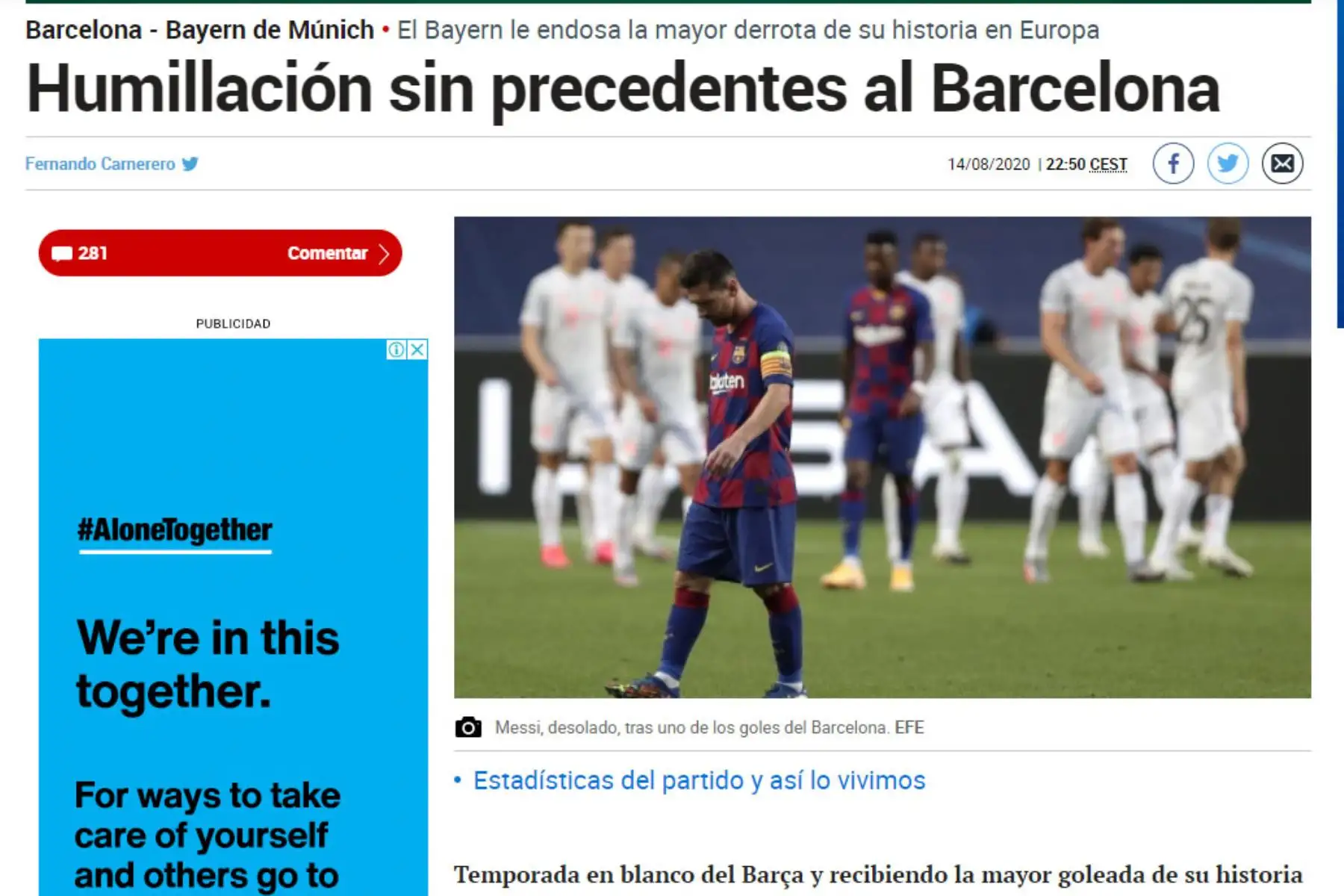 Portada del diario Marca que informa sobre el triunfo histórico del Bayern Munich quien ganó 8 a 2 al Barcelona en el partido de cuartos de final de la UEFA Champions League.
Foto: ANDINA/Difusión