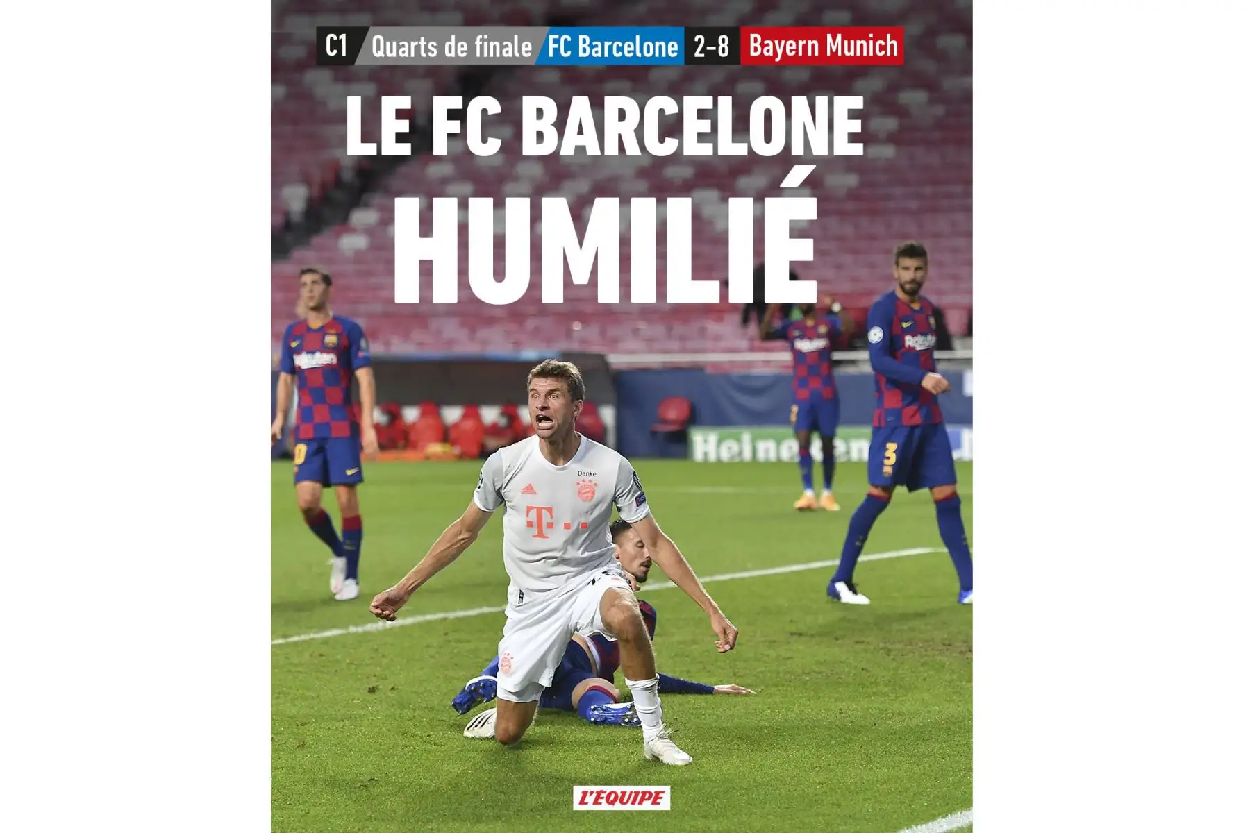 Portada del diario Lequipe que informa sobre el triunfo histórico del Bayern Munich quien ganó 8 a 2 al Barcelona en el partido de cuartos de final de la UEFA Champions League.
Foto: ANDINA/Difusión