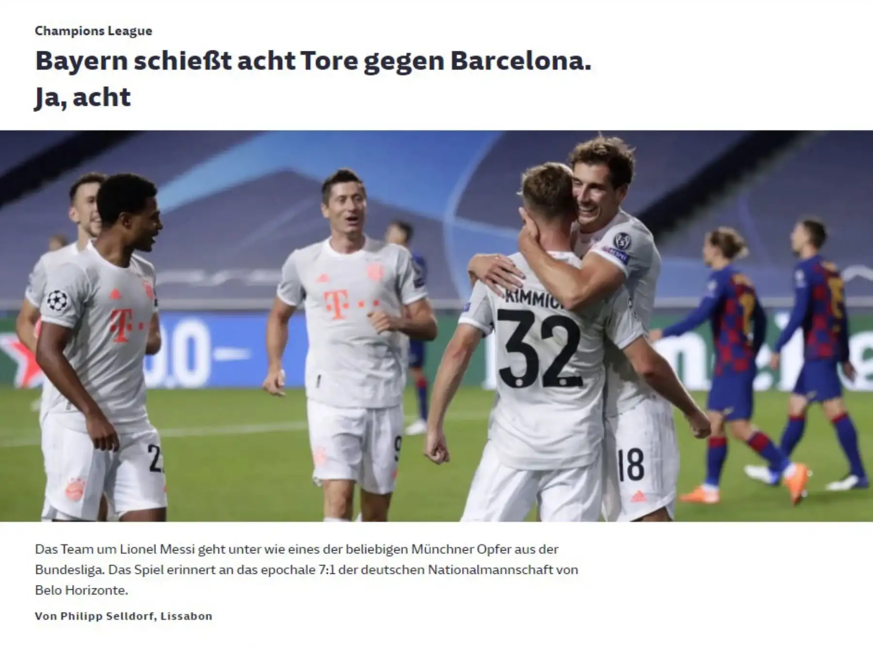 Portada del diario Suddeutsche Zeitung de Alemania que informa sobre el triunfo histórico del Bayern Munich quien ganó 8 a 2 al Barcelona en el partido de cuartos de final de la UEFA Champions League.
Foto: ANDINA/Difusión