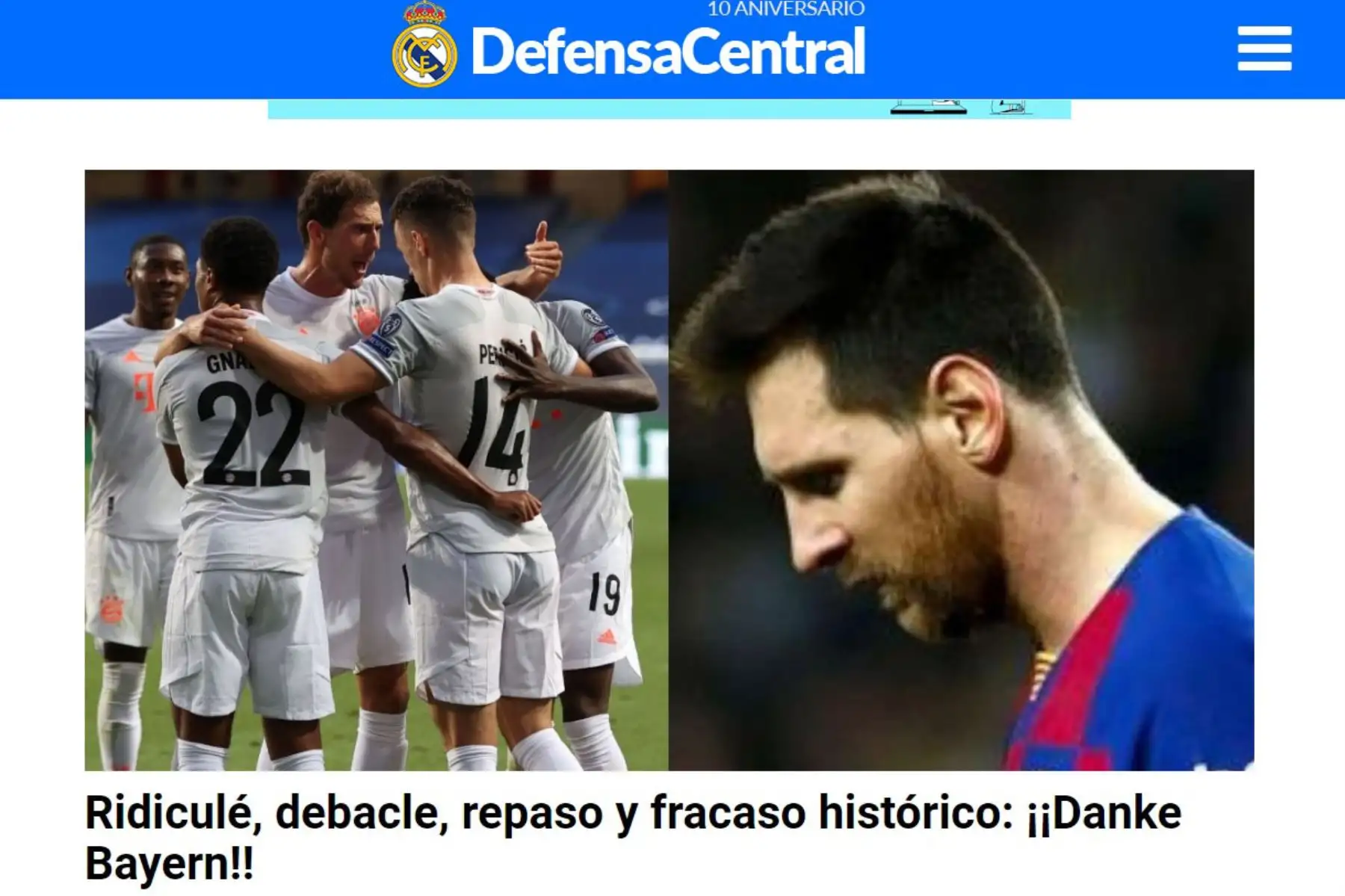 Portada del diario Defensa Central de Madrid que informa sobre el triunfo histórico del Bayern Munich quien ganó 8 a 2 al Barcelona en el partido de cuartos de final de la UEFA Champions League. Foto: ANDINA/Difusión