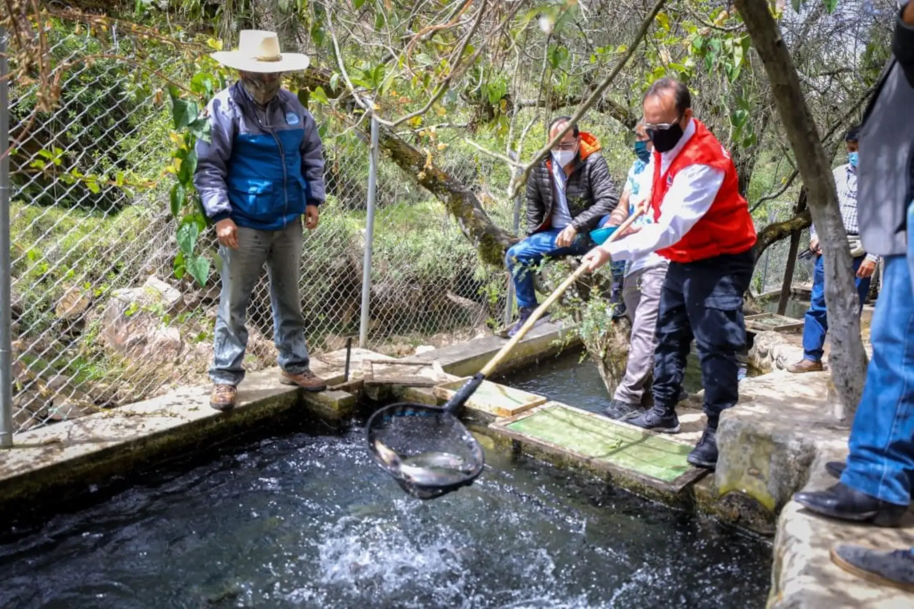El ministro de la Producción, José Salardi, visitó piscigranja “El Paraíso” de Namora, en Cajamarca, donde sus autoridades y pobladores solicitaron financiamiento para su mantenimiento, a través del Fondo Nacional de Desarrollo Pesquero (FONDEPES). Lo acompañó el gobernador regional de Cajamarca, Mesías Guevara. de Foto: Produce