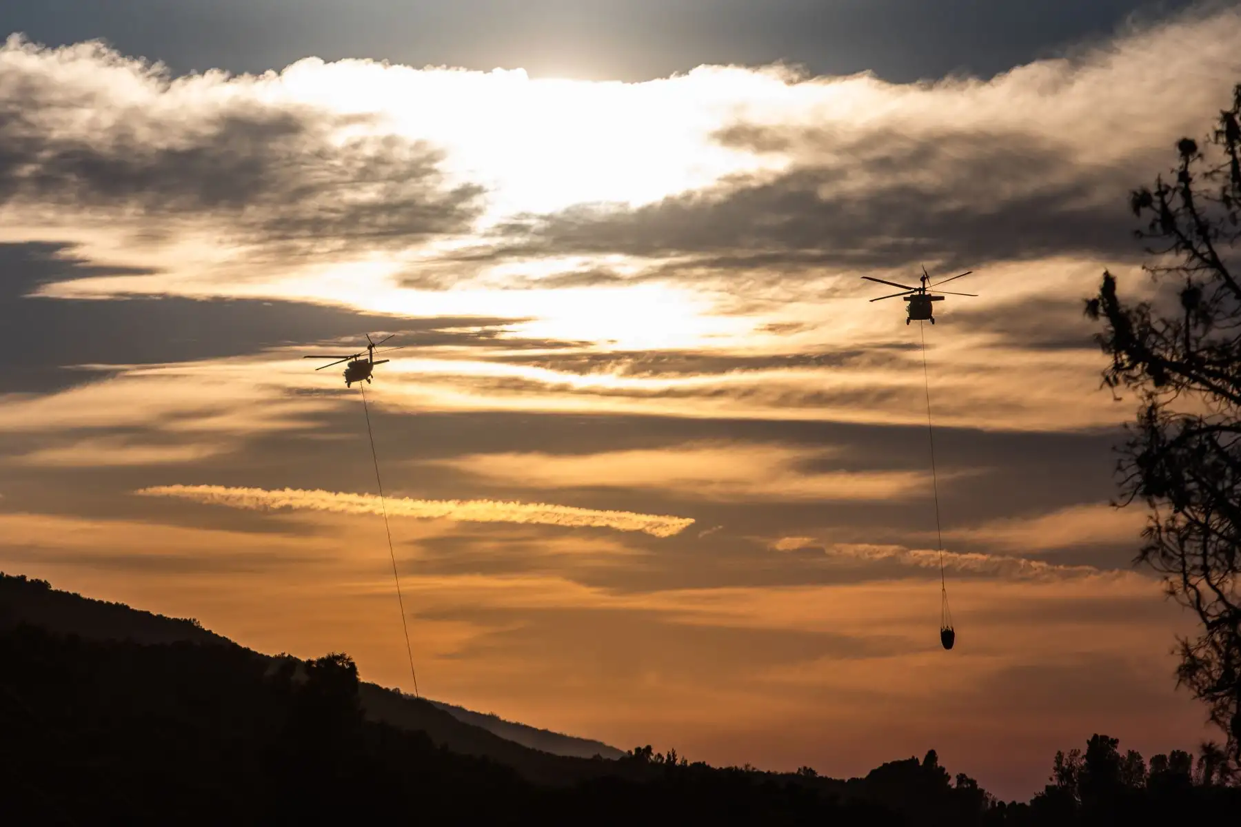 Los helicópteros de extinción de incendios realizan acciones para controlar las llamas en el Bosque Nacional de Ángeles. Foto: AFP