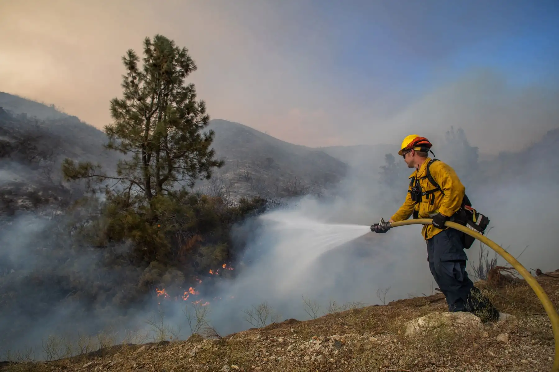 Los bomberos trabajan para apagar el incendio del lago en el Bosque Nacional, junto al lago Hughes, a 60 millas al norte de Los Ángeles, California. Foto: AFP