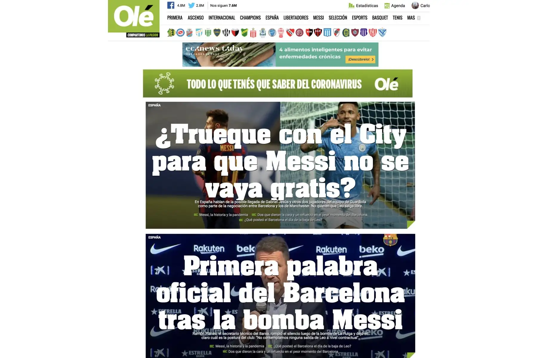 "¿Gratis o con cláusula? Batalla judicial muy caliente", señaló Olé, adelantando la lucha entre expertos que amenaza con prolongarse para saber si la validez de la cláusula que permite a Messi abandonar el club cada verano (pero que expiró el pasado 10 de junio) puede ser prolongada, visto el carácter excepcional de esta temporada detenida entre marzo y junio por la pandemia de coronavirus.