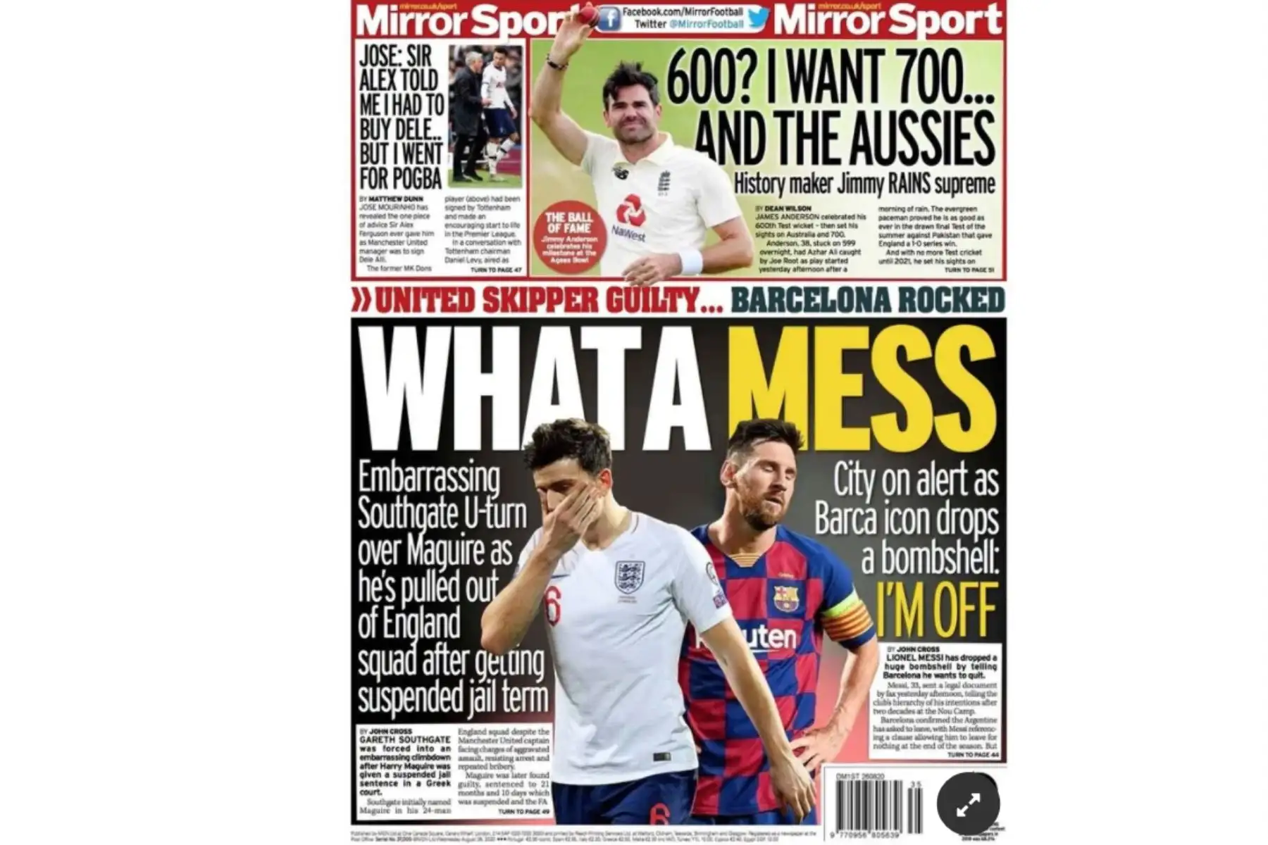 La portada del Mirror Sport titula:Lionel Messi ha dejado caer una gran bomba al decirle al barcelona que quiere irse.