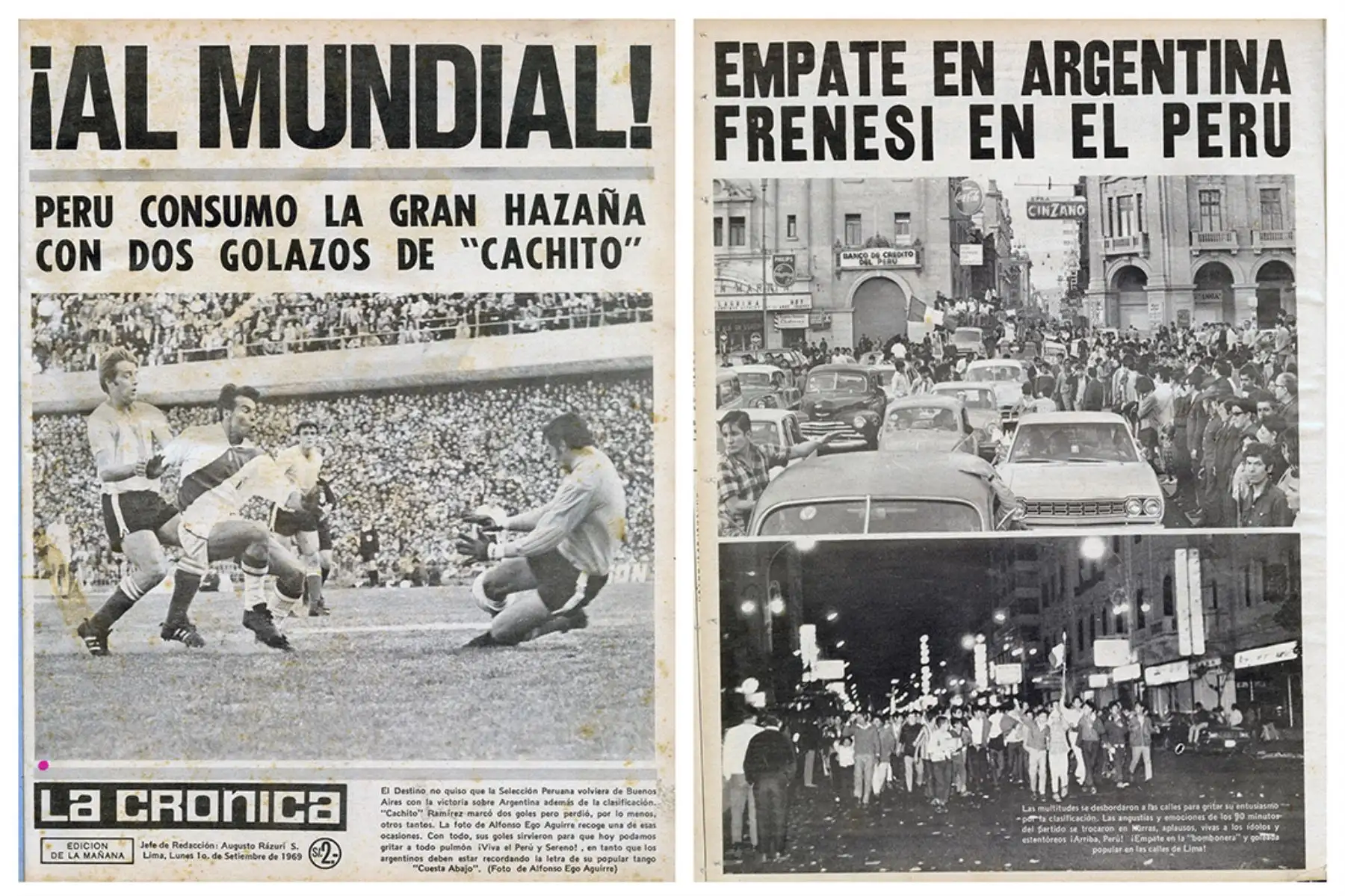 Portada y página del diario La Crónica del 1 de setiembre de 1969 con amplia cobertura sobre la clasificación de la selección peruana de fútbol al mundial México 70. Colección del Centro de Documentación del Diario Oficial El Peruano.
